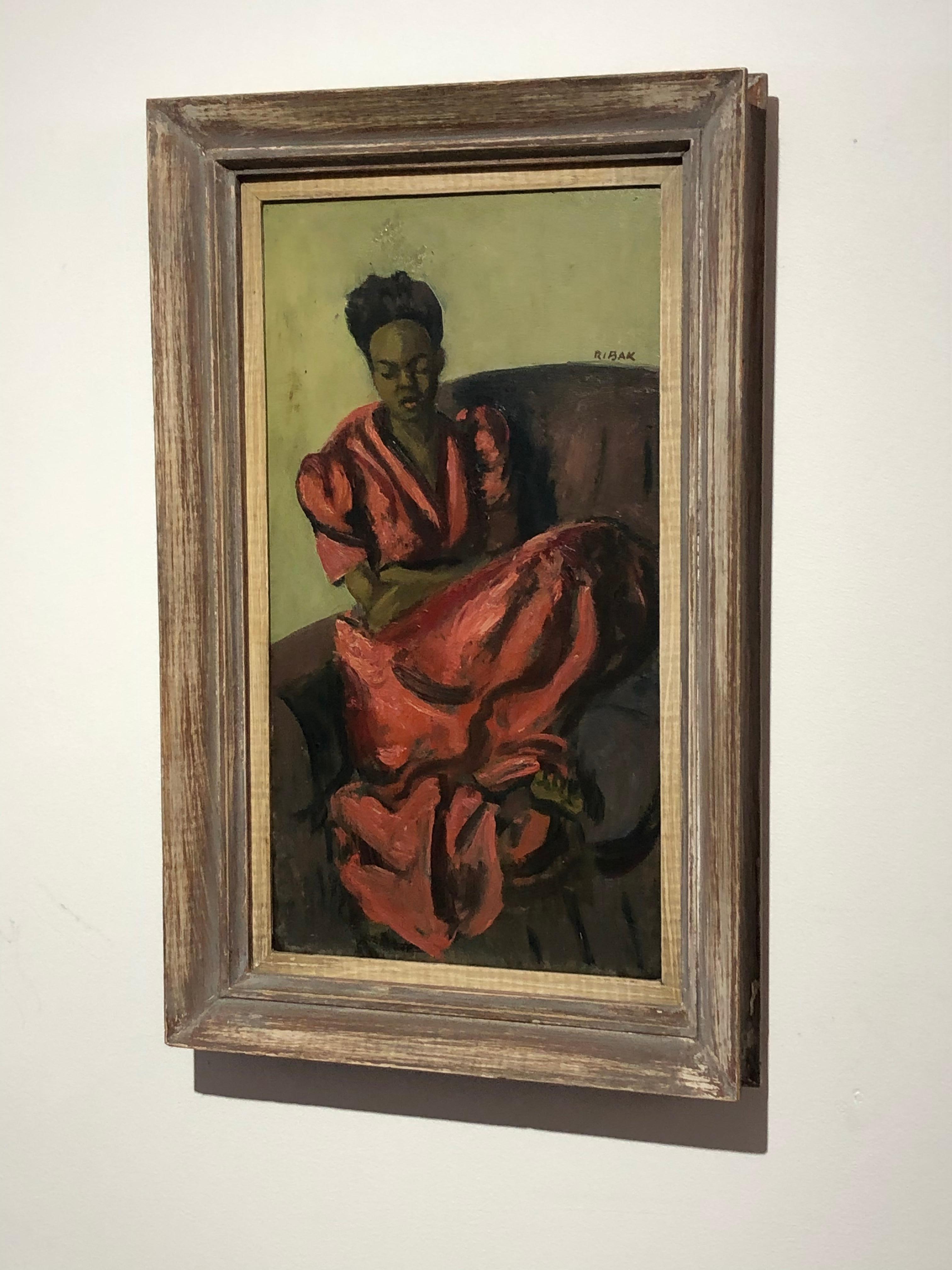 American Louis Leon Ribak Oil ainting “ruby in red” Social Realist Style For Sale