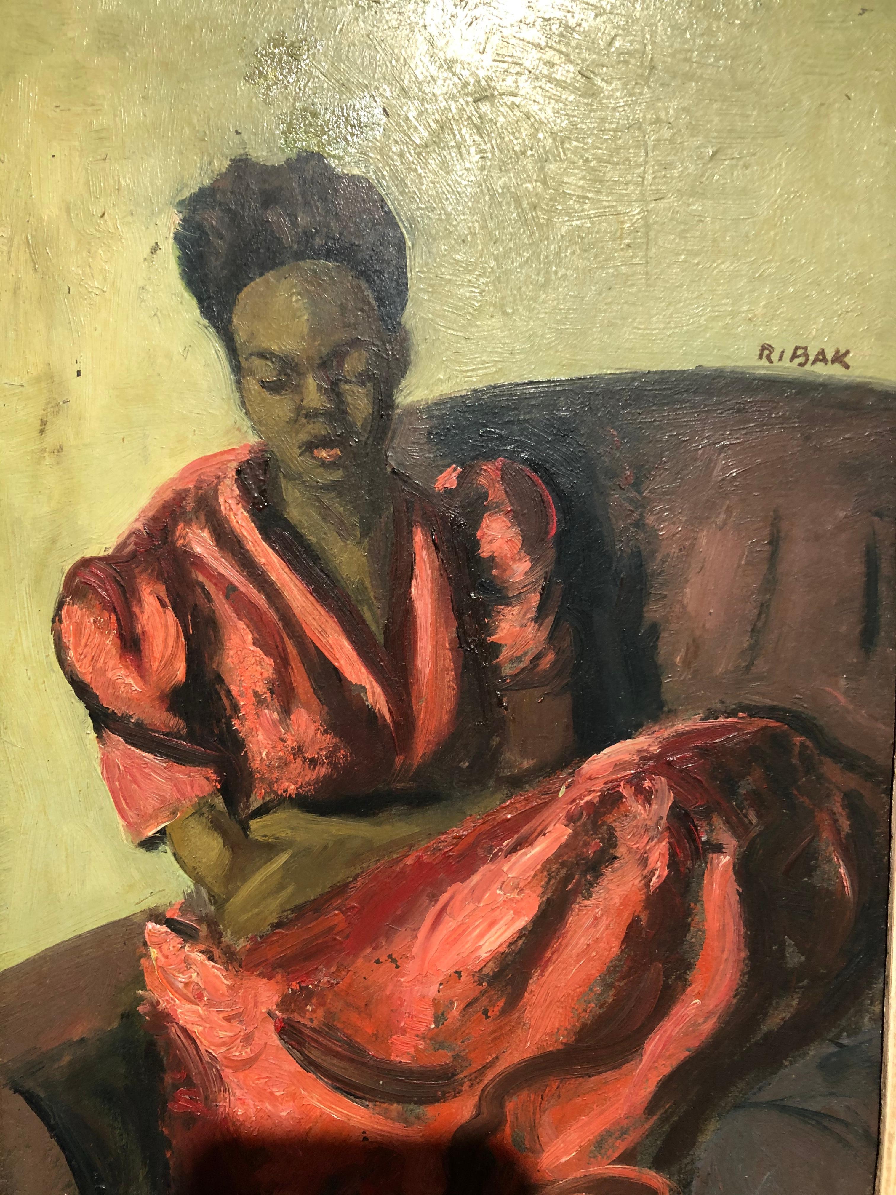 Oiled Louis Leon Ribak Oil ainting “ruby in red” Social Realist Style For Sale