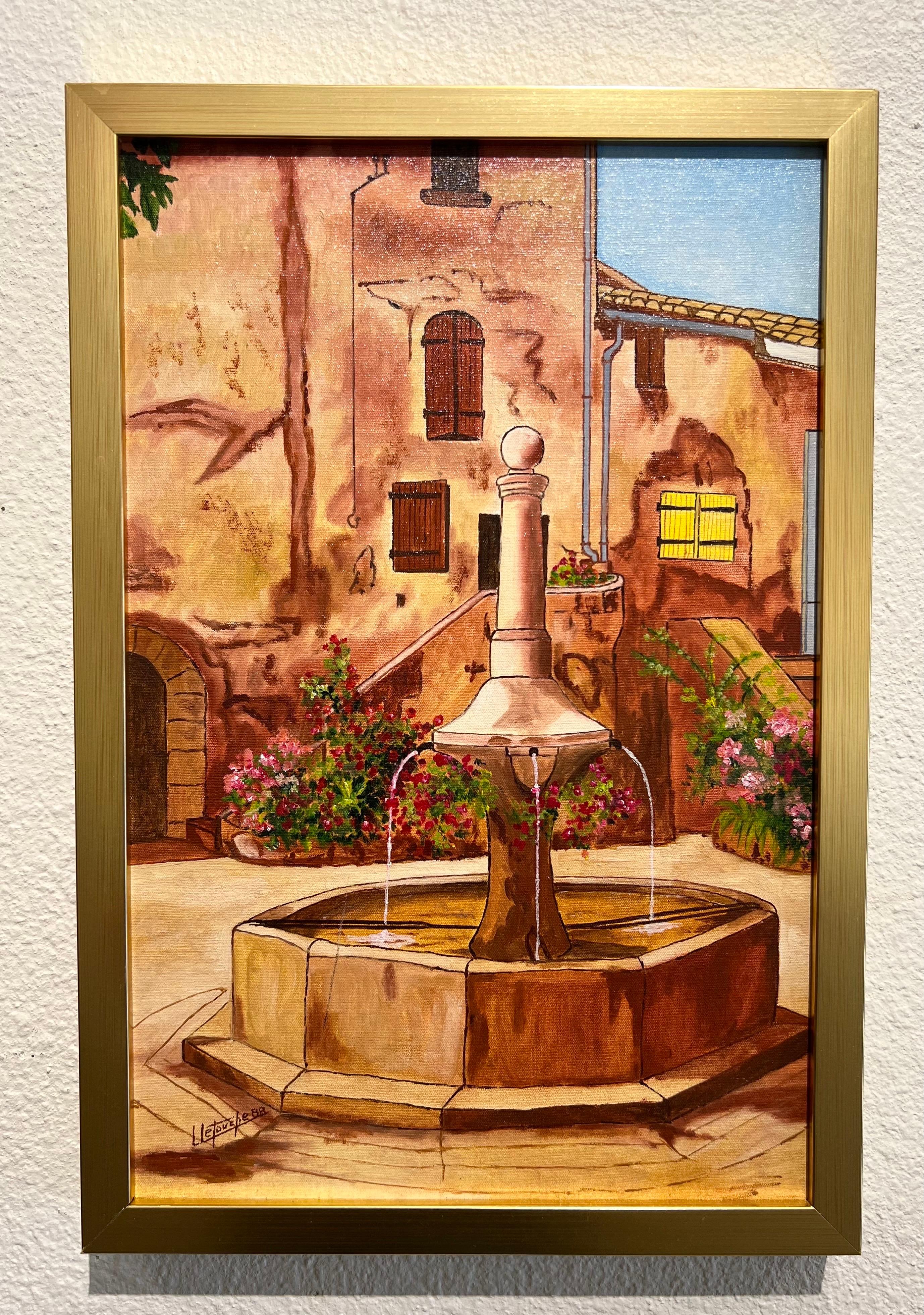 Peinture de fontaine contemporaine, The Fountain in the Village. Village français. - Print de Louis Letouche
