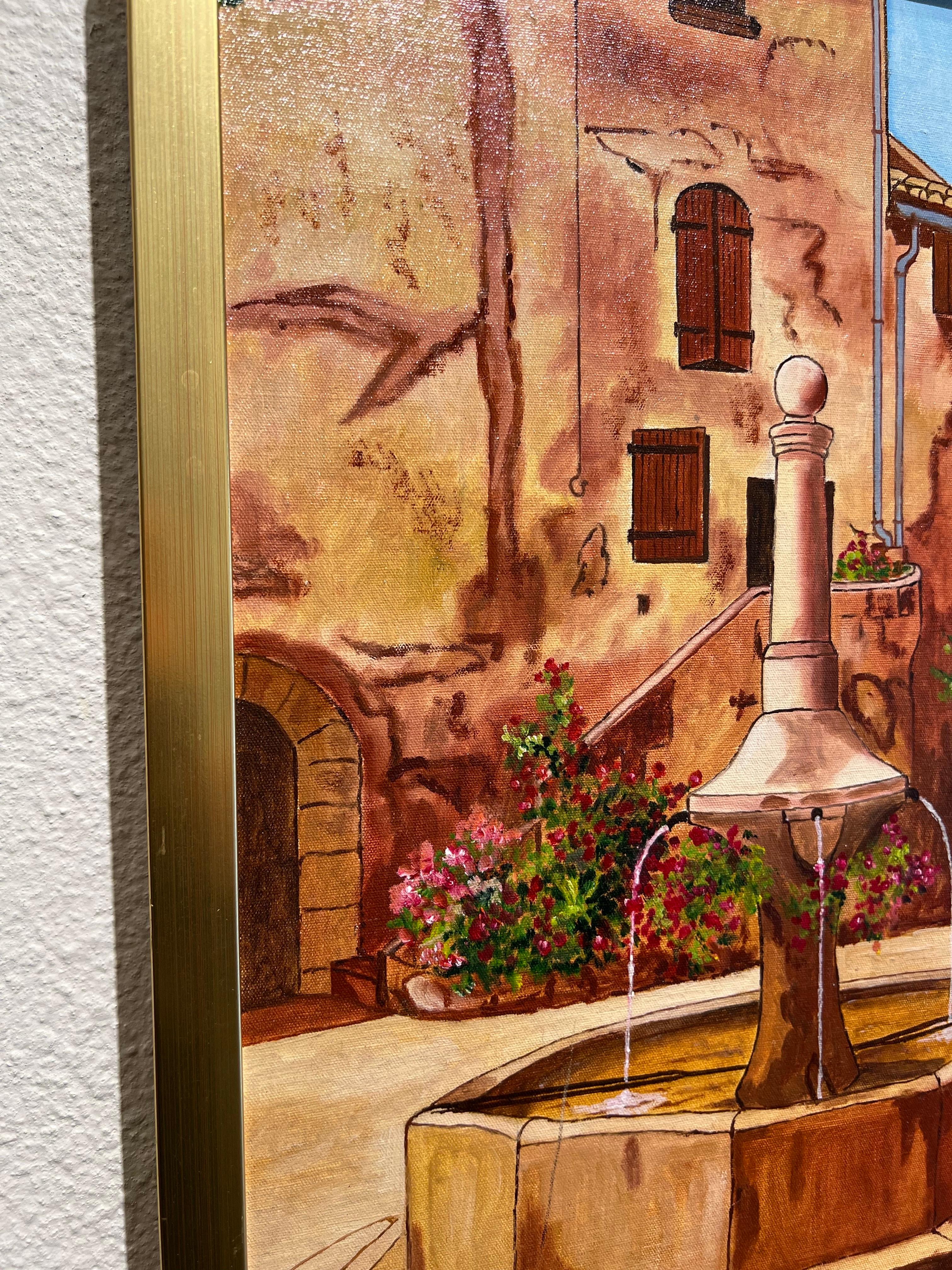 Peinture de fontaine contemporaine, The Fountain in the Village. Village français. - Marron Still-Life Print par Louis Letouche