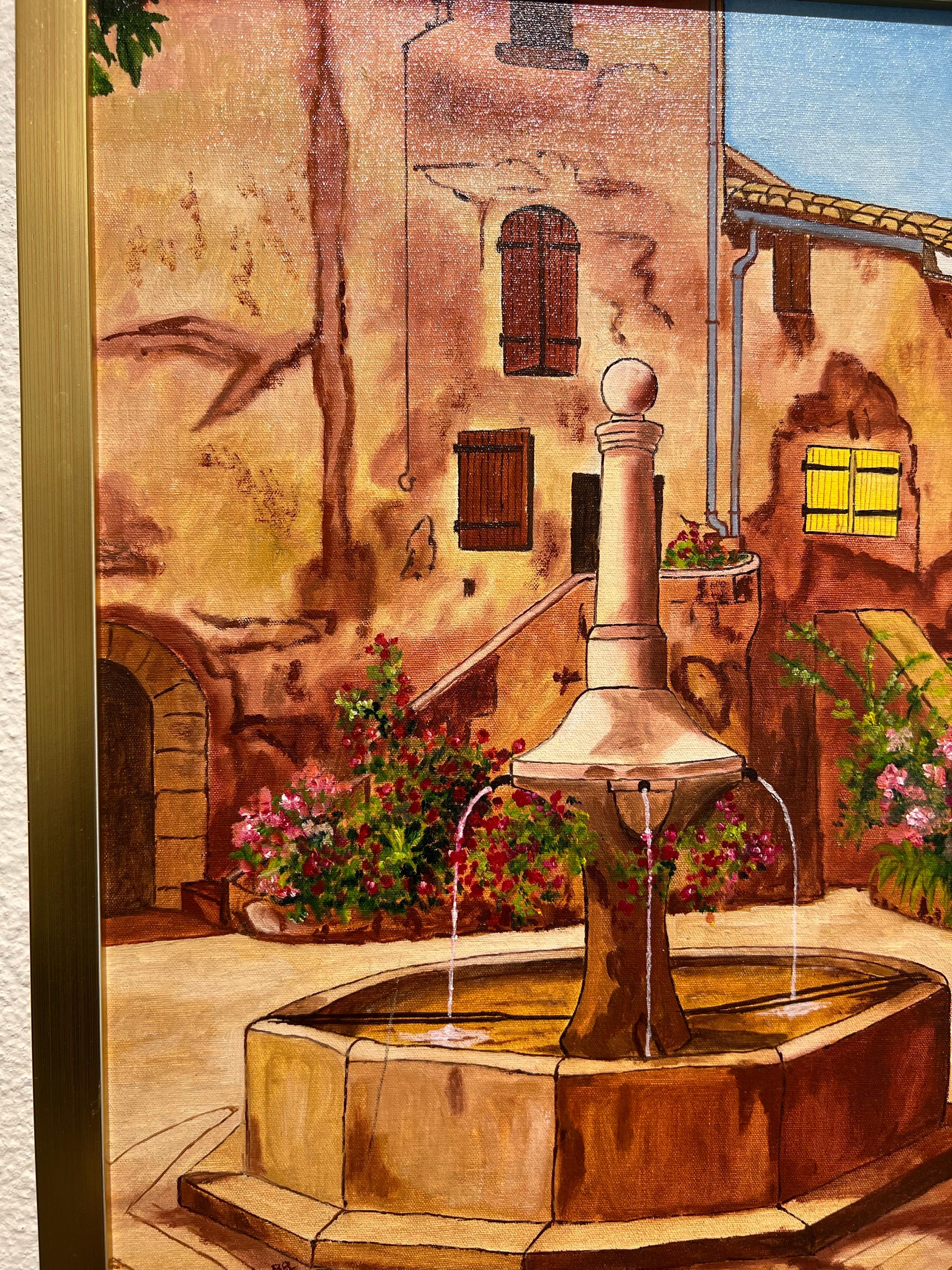 Cette peinture à l'huile enchanteresse de Louis Letouche (1924-2015) capture une fontaine de village sereine entourée d'un ensemble vibrant de fleurs, évoquant le charme intemporel de Salasc, un village pittoresque du sud de la France. Exécutée à