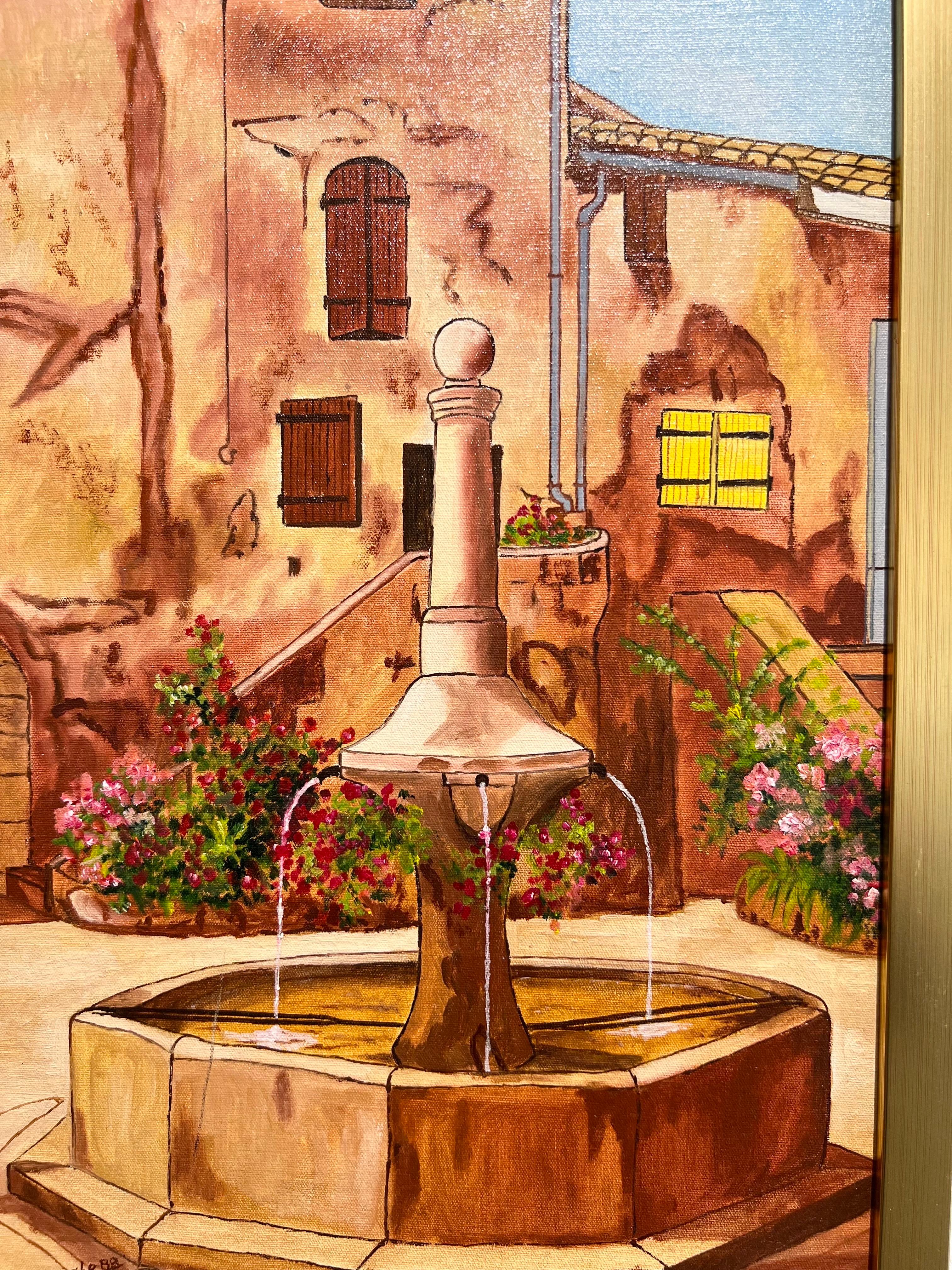 Peinture de fontaine contemporaine, The Fountain in the Village. Village français. en vente 1