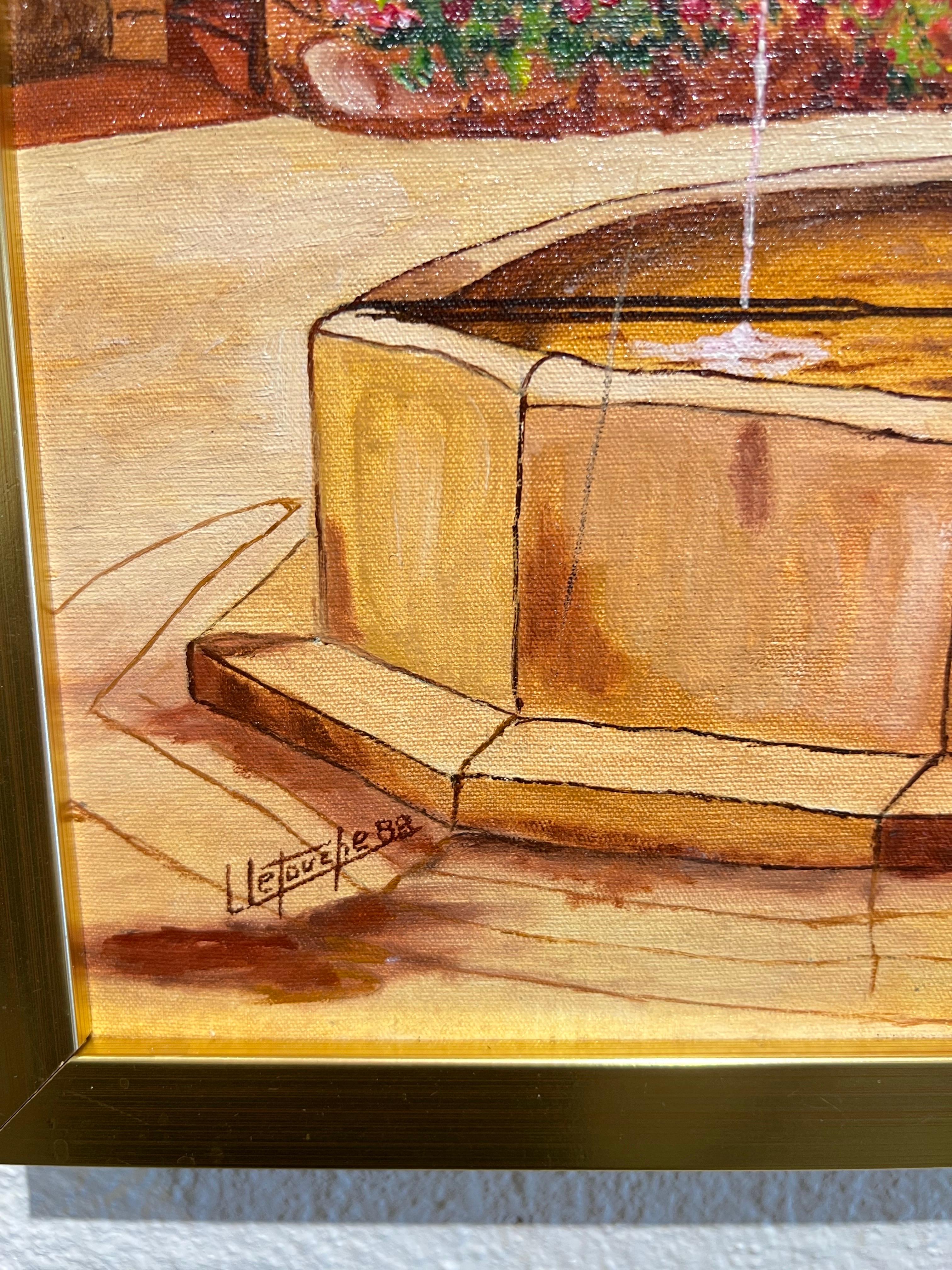 Peinture de fontaine contemporaine, The Fountain in the Village. Village français. en vente 2