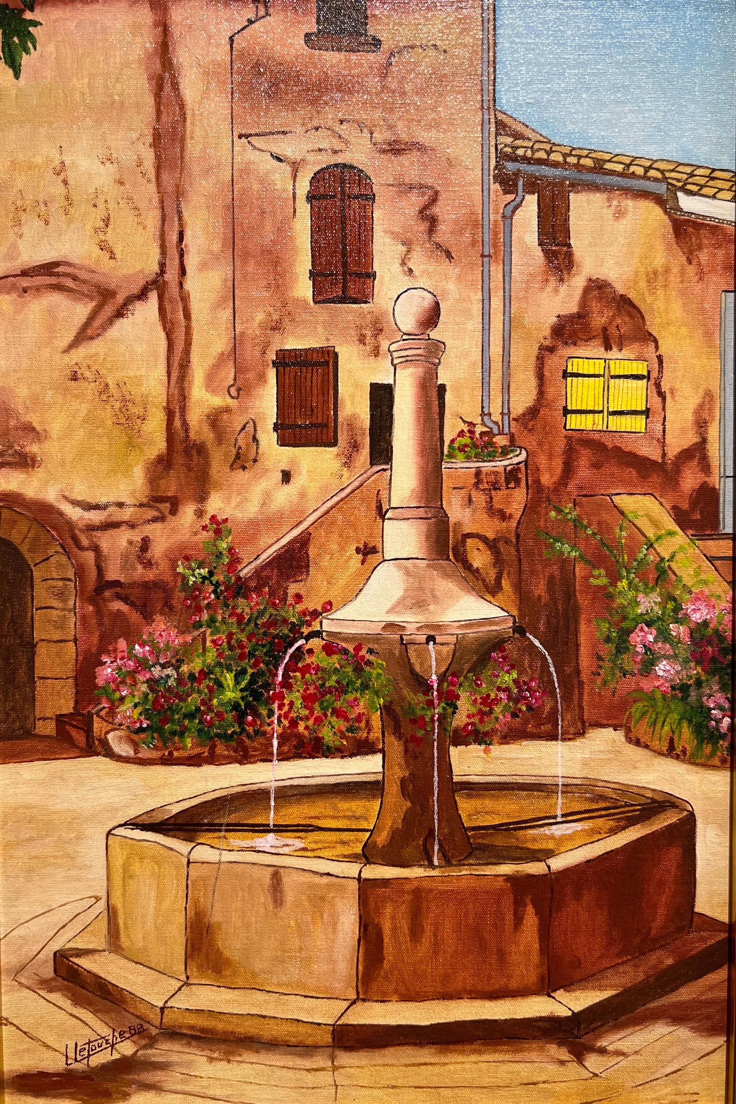 Still-Life Print Louis Letouche - Peinture de fontaine contemporaine, The Fountain in the Village. Village français.