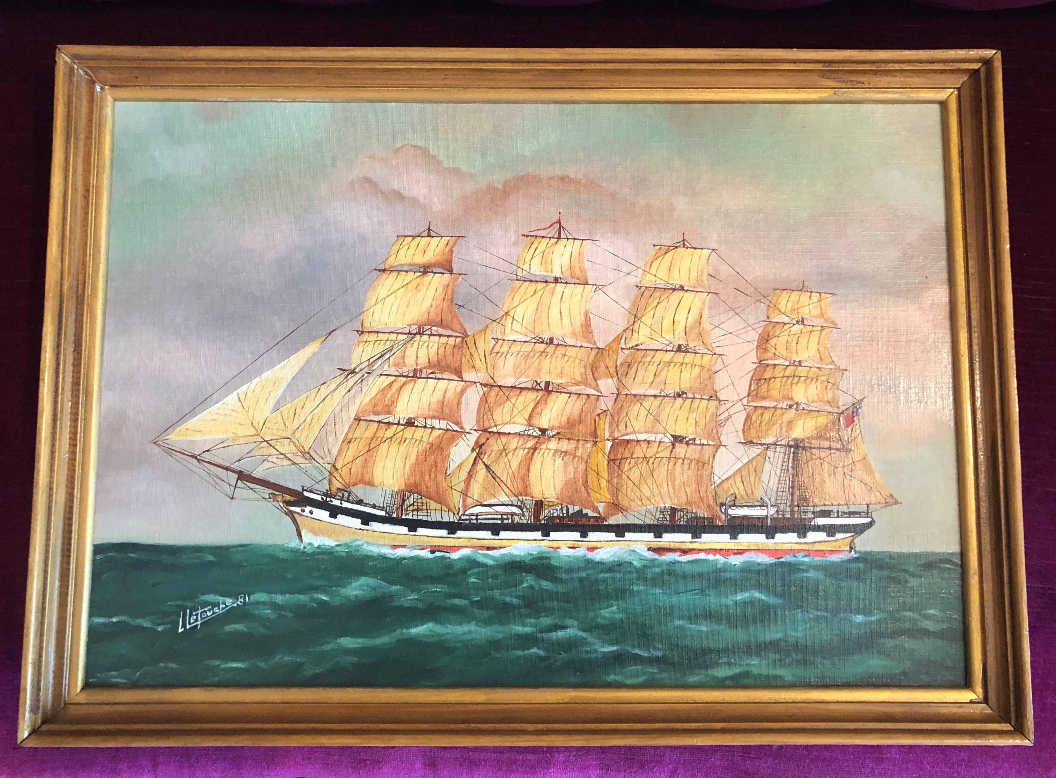 County of Linlithgow Sailing Ship, signed oil painting - Painting by Louis Letouche