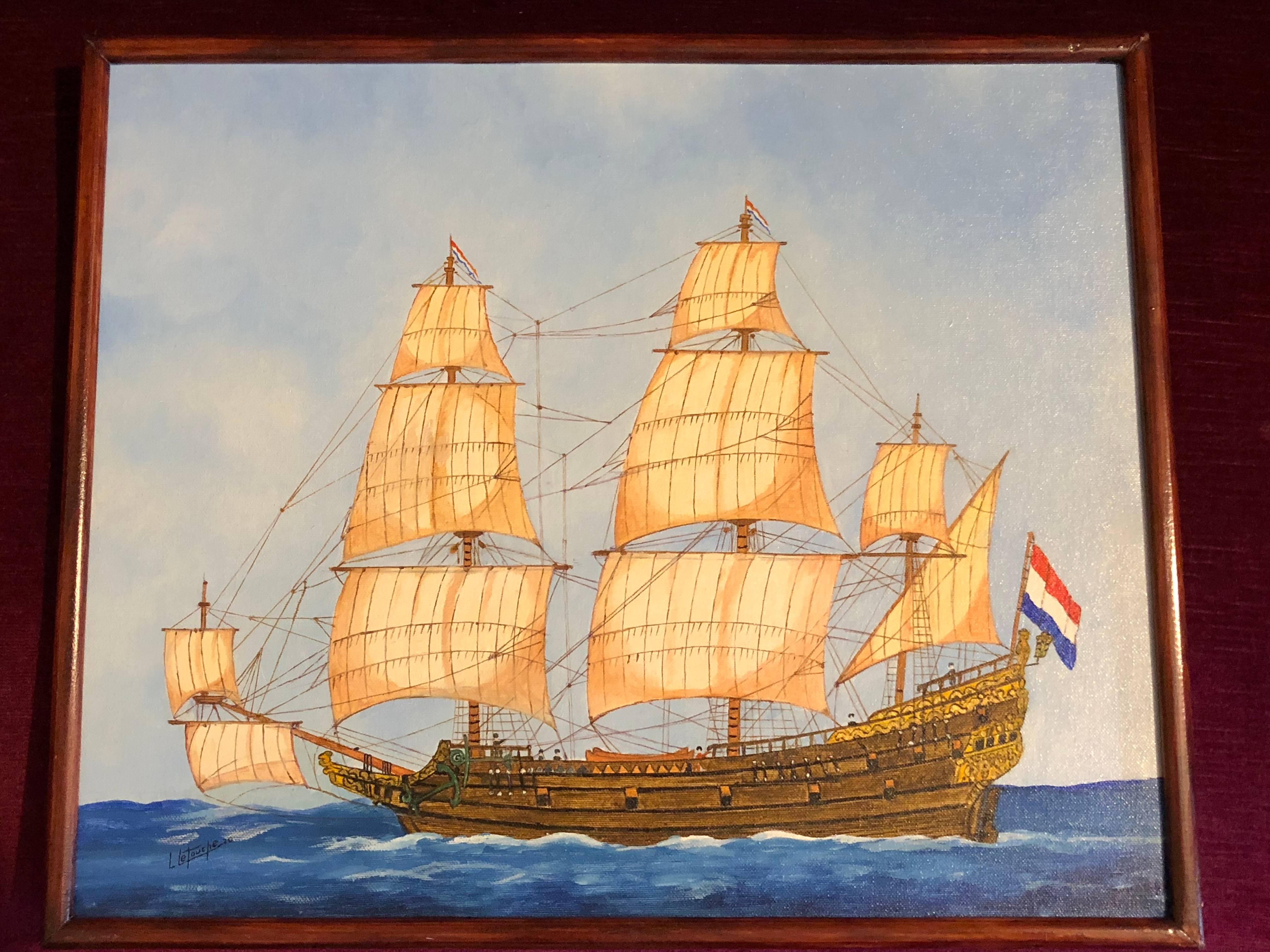 Dutch Warship 17th Century, signed oil painting - Painting by Louis Letouche