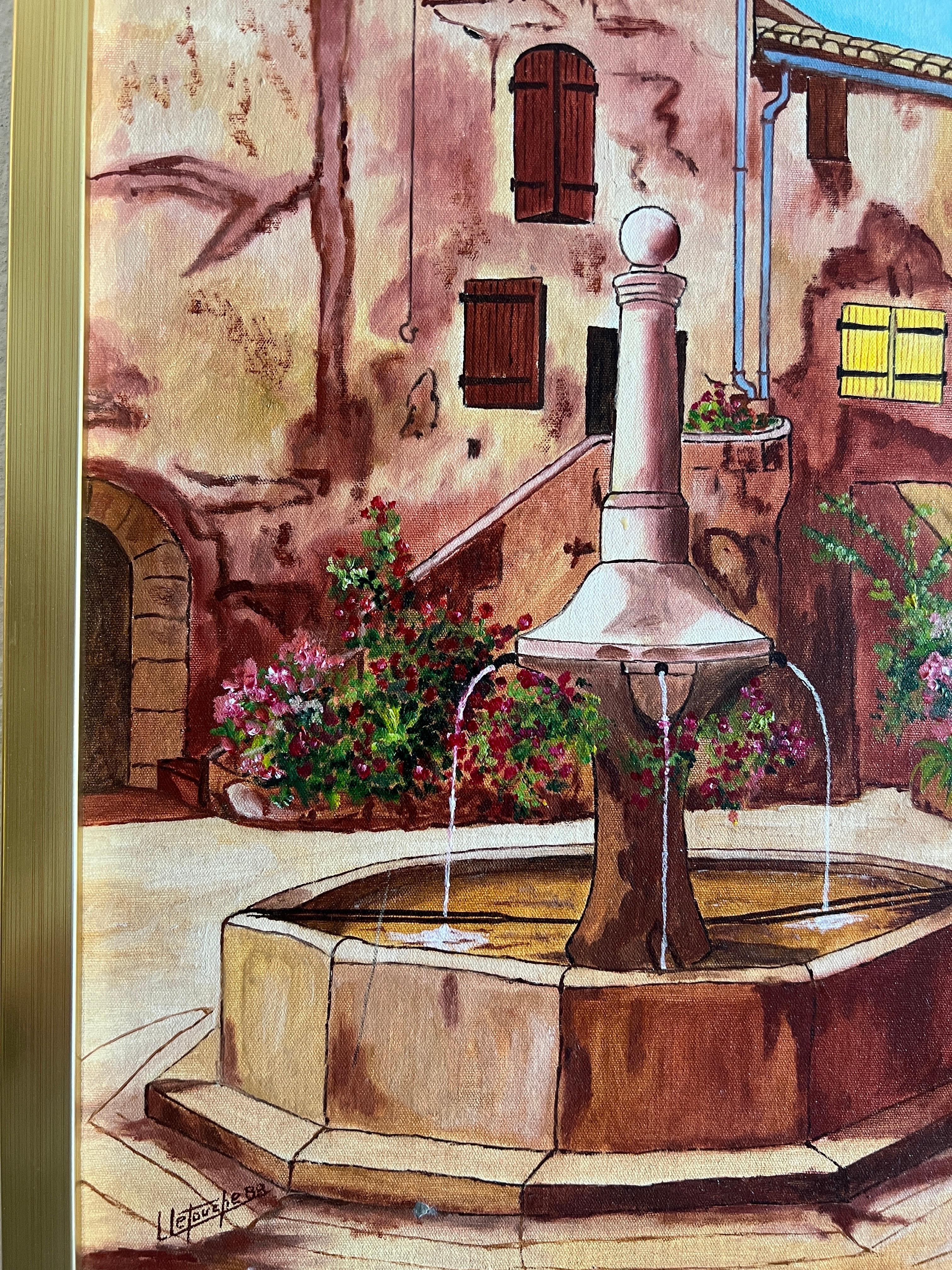 Peinture de fontaine contemporaine, The Fountain in the Village. Village français. - Painting de Louis Letouche
