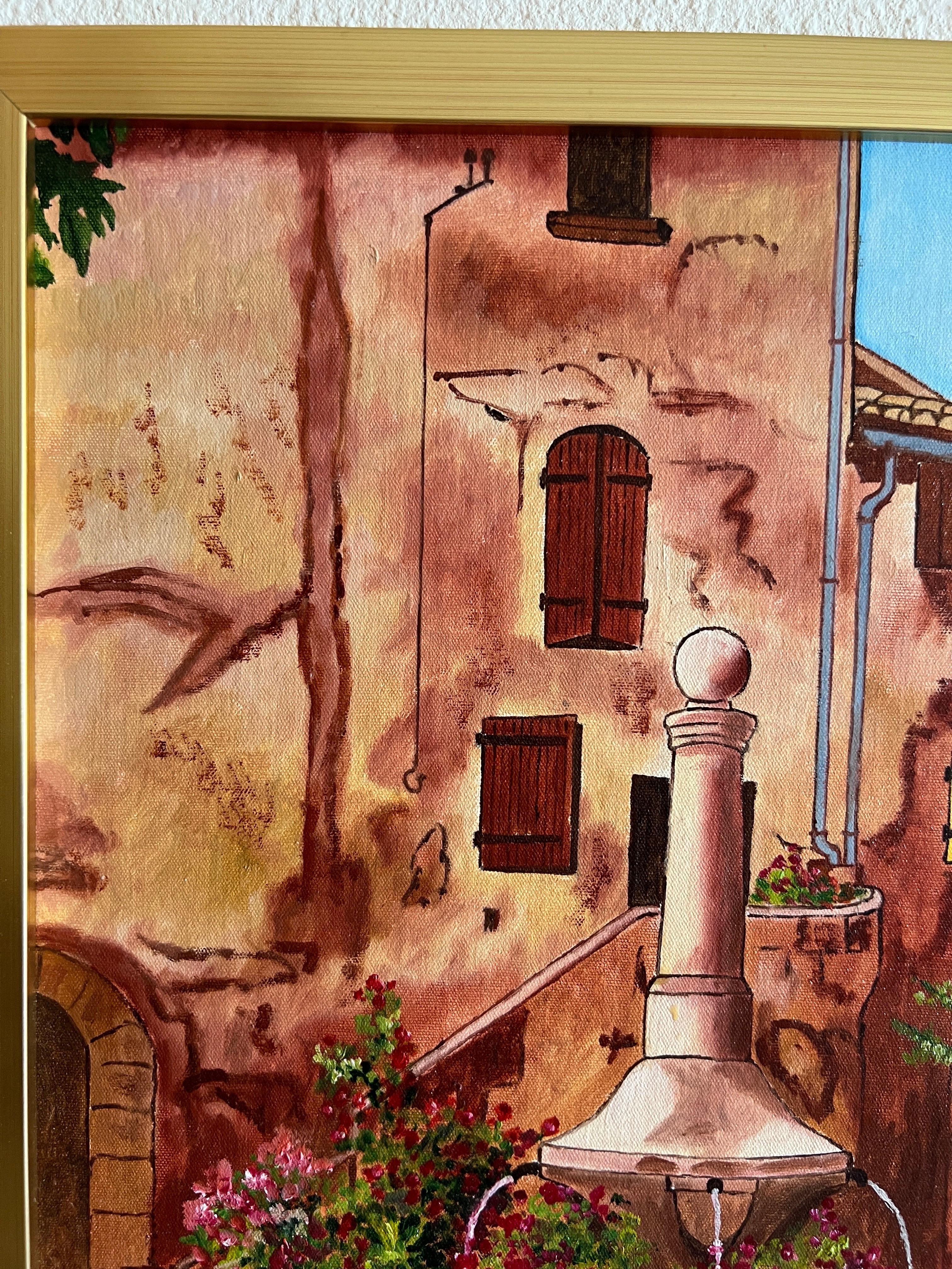 Peinture de fontaine contemporaine, The Fountain in the Village. Village français. - Marron Still-Life Painting par Louis Letouche