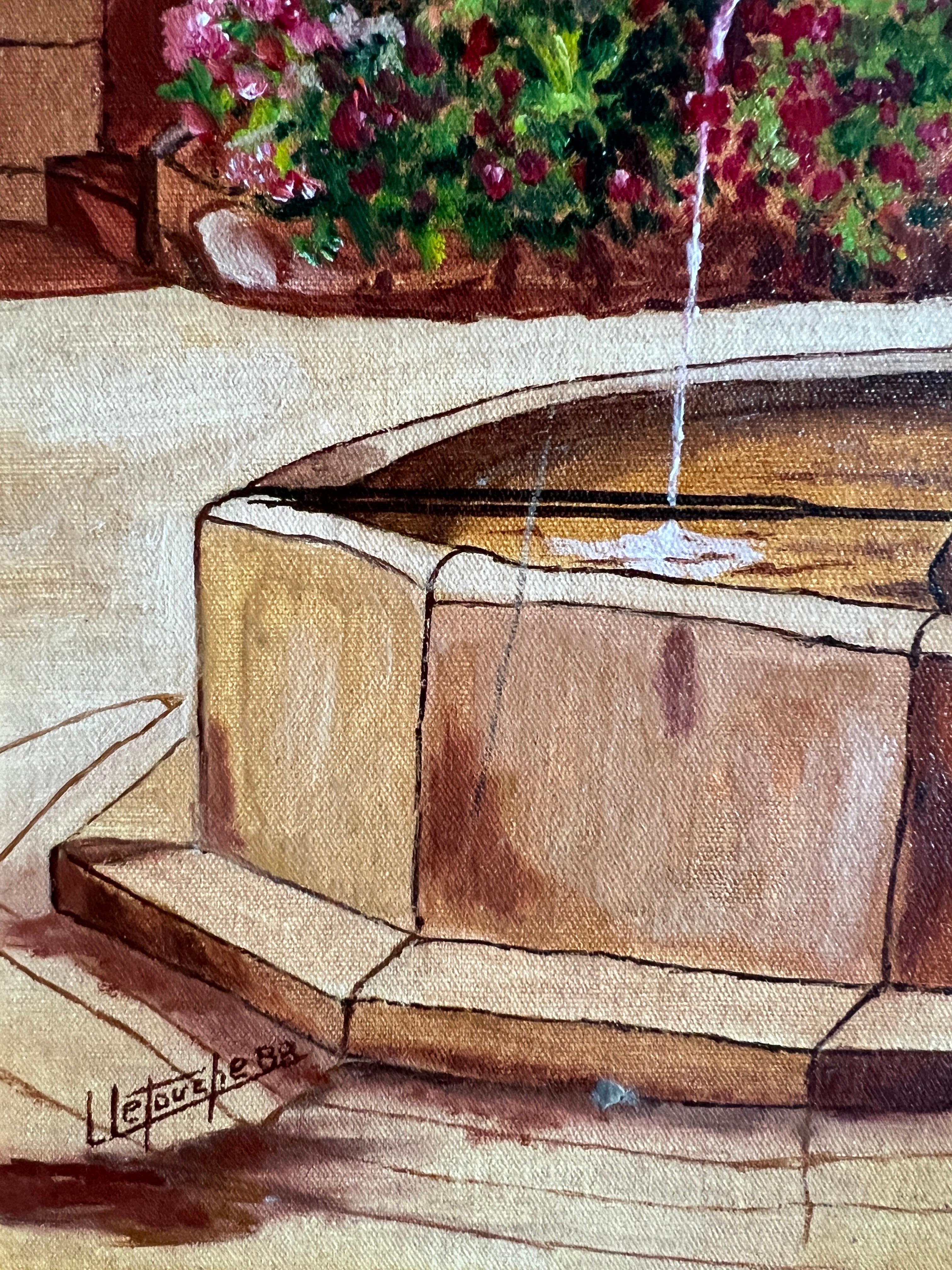 Cette charmante peinture à l'huile de Louis Letouche (1924-2015) présente une composition de fontaine sereine, entourée d'un ensemble de fleurs vibrantes. Exécutée à l'huile sur toile montée sur panneau, cette pièce capture magnifiquement une scène