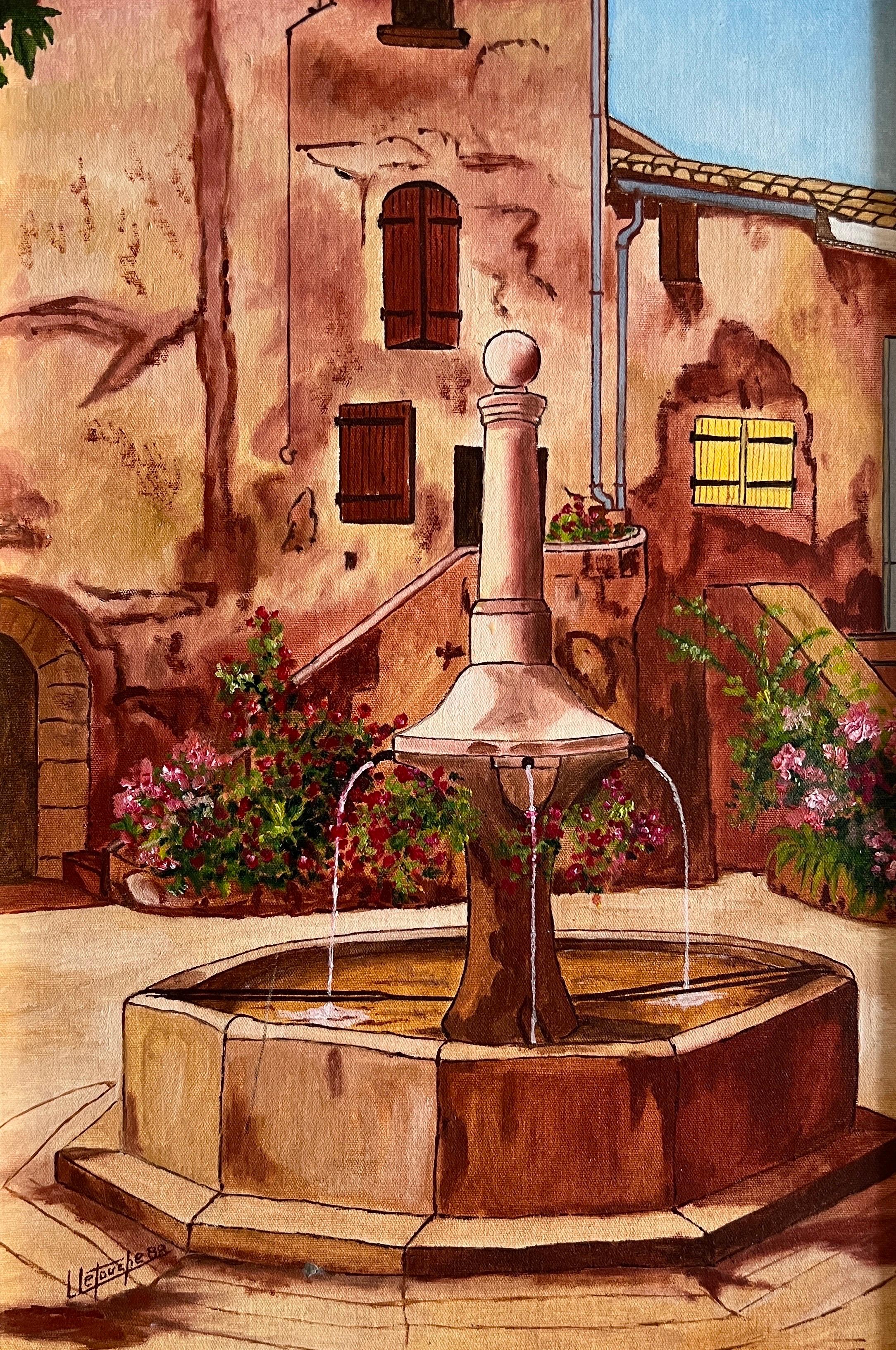 Peinture de fontaine contemporaine, The Fountain in the Village. Village français. en vente 2