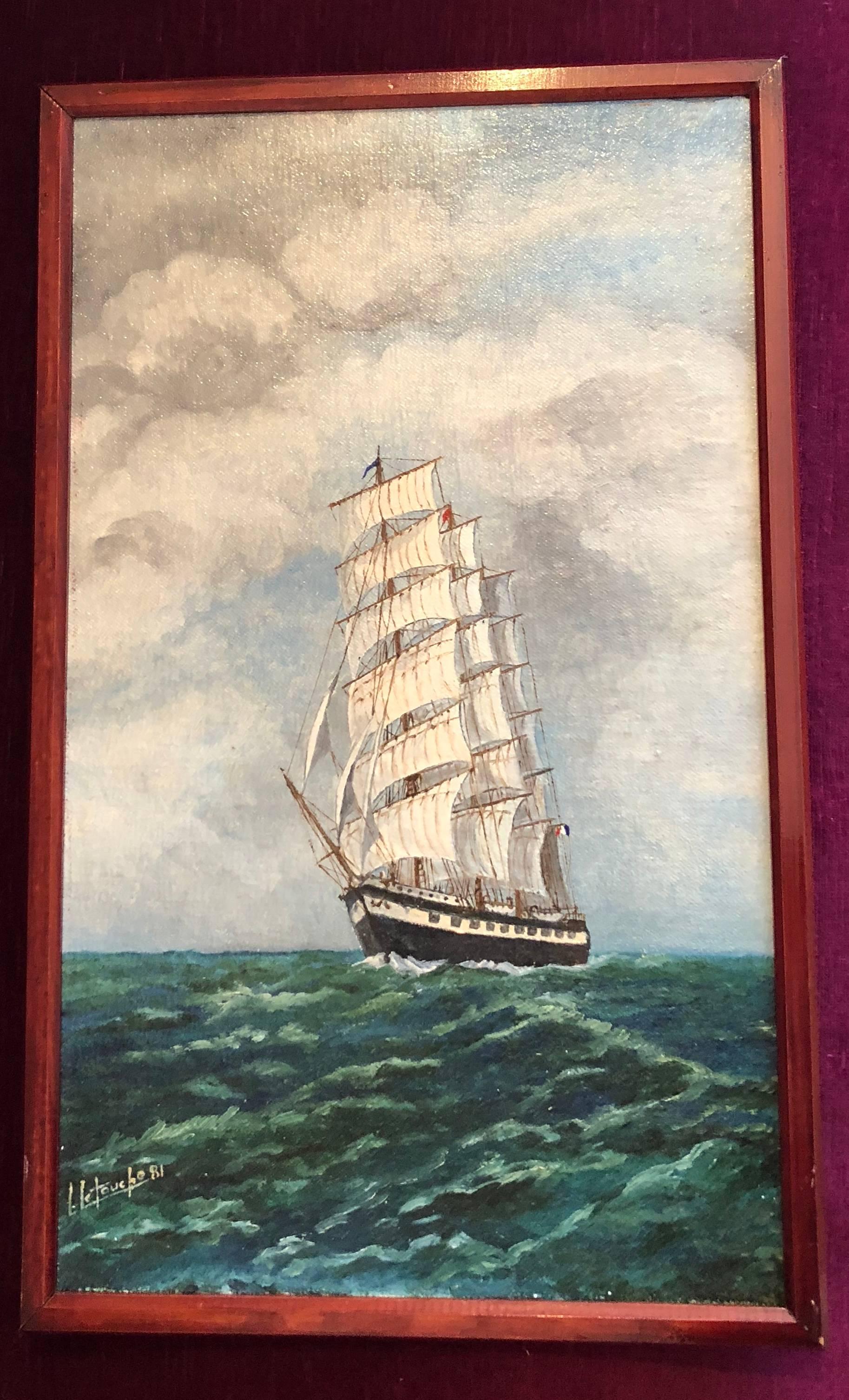 French Orient Ship, signed oil painting - Painting by Louis Letouche