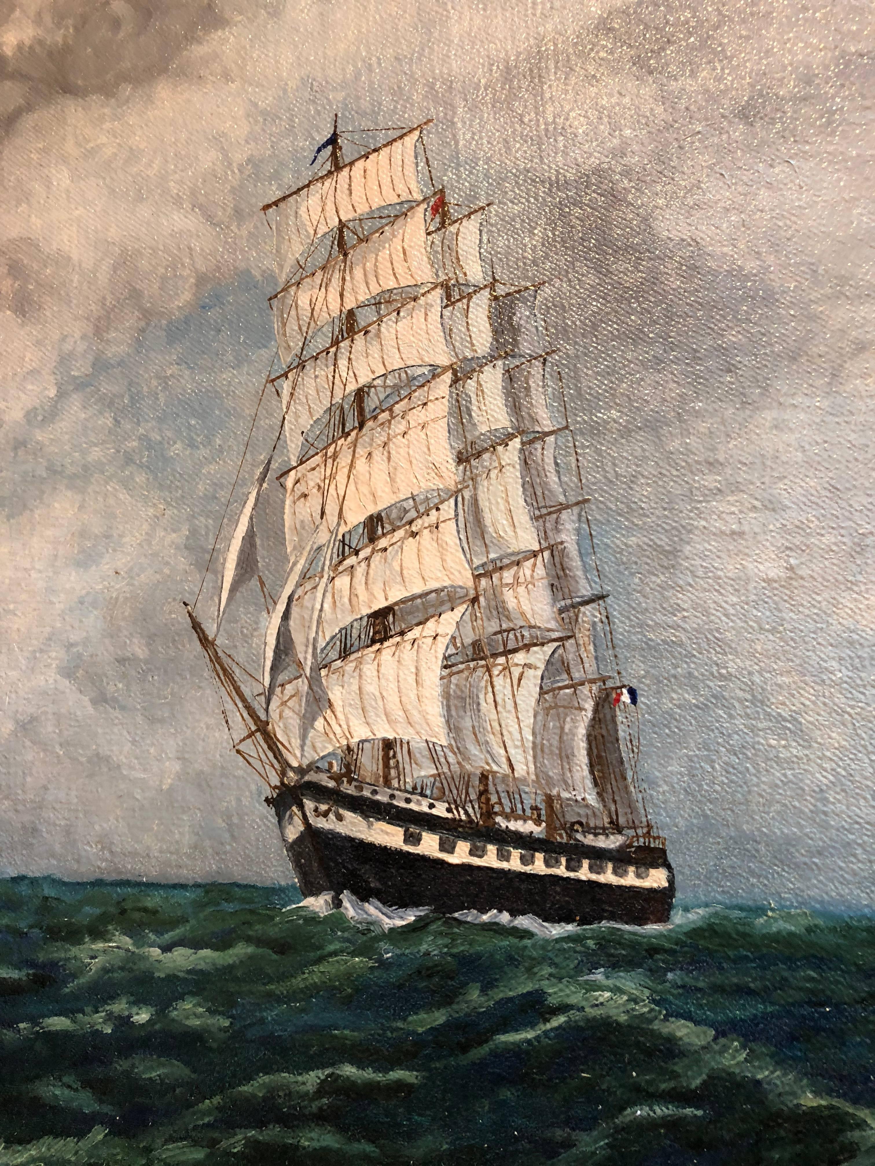 French Orient Ship, signed oil painting - Beige Portrait Painting by Louis Letouche