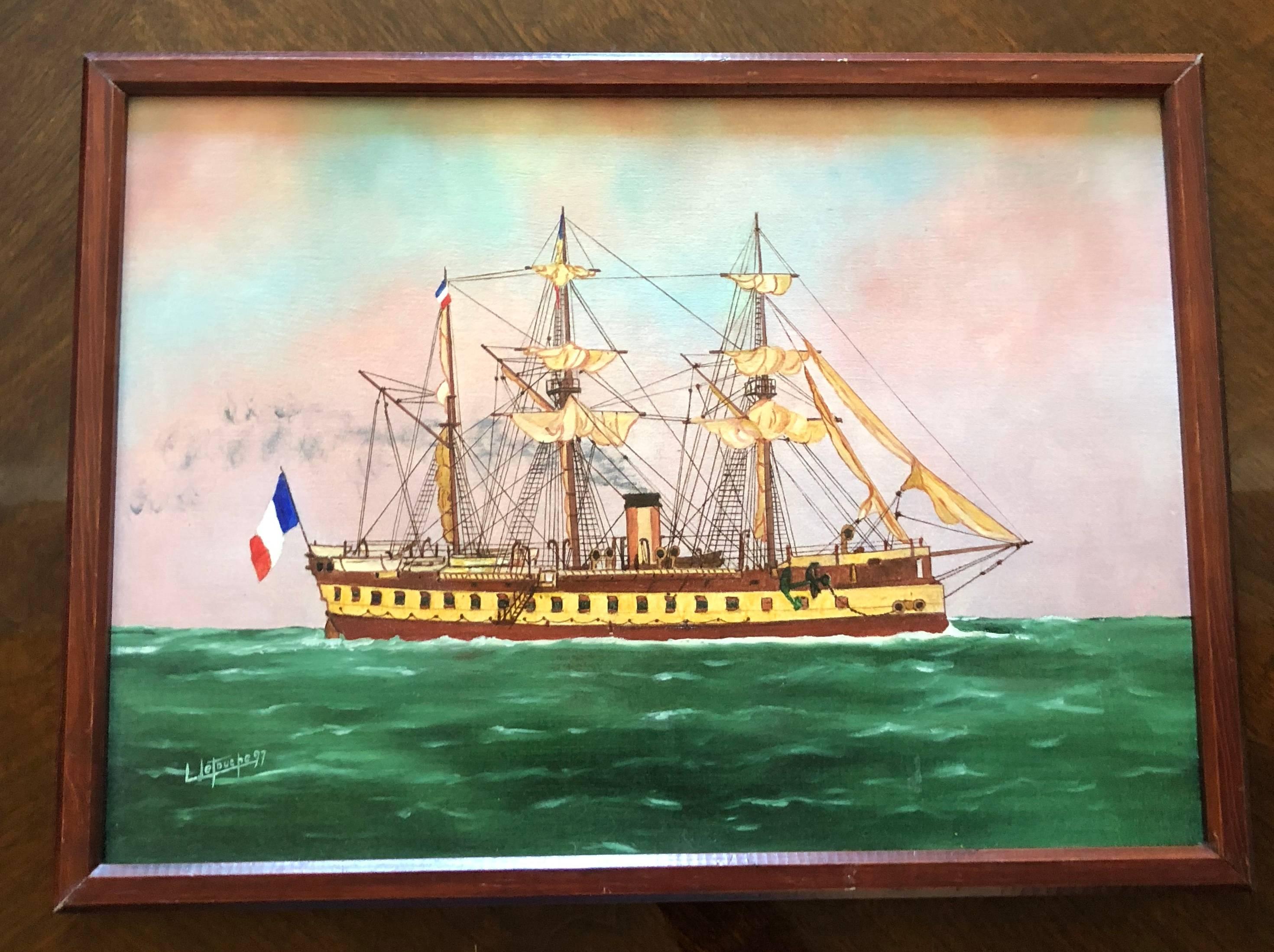 Gloire ship portrait, signed oil painting - Painting by Louis Letouche