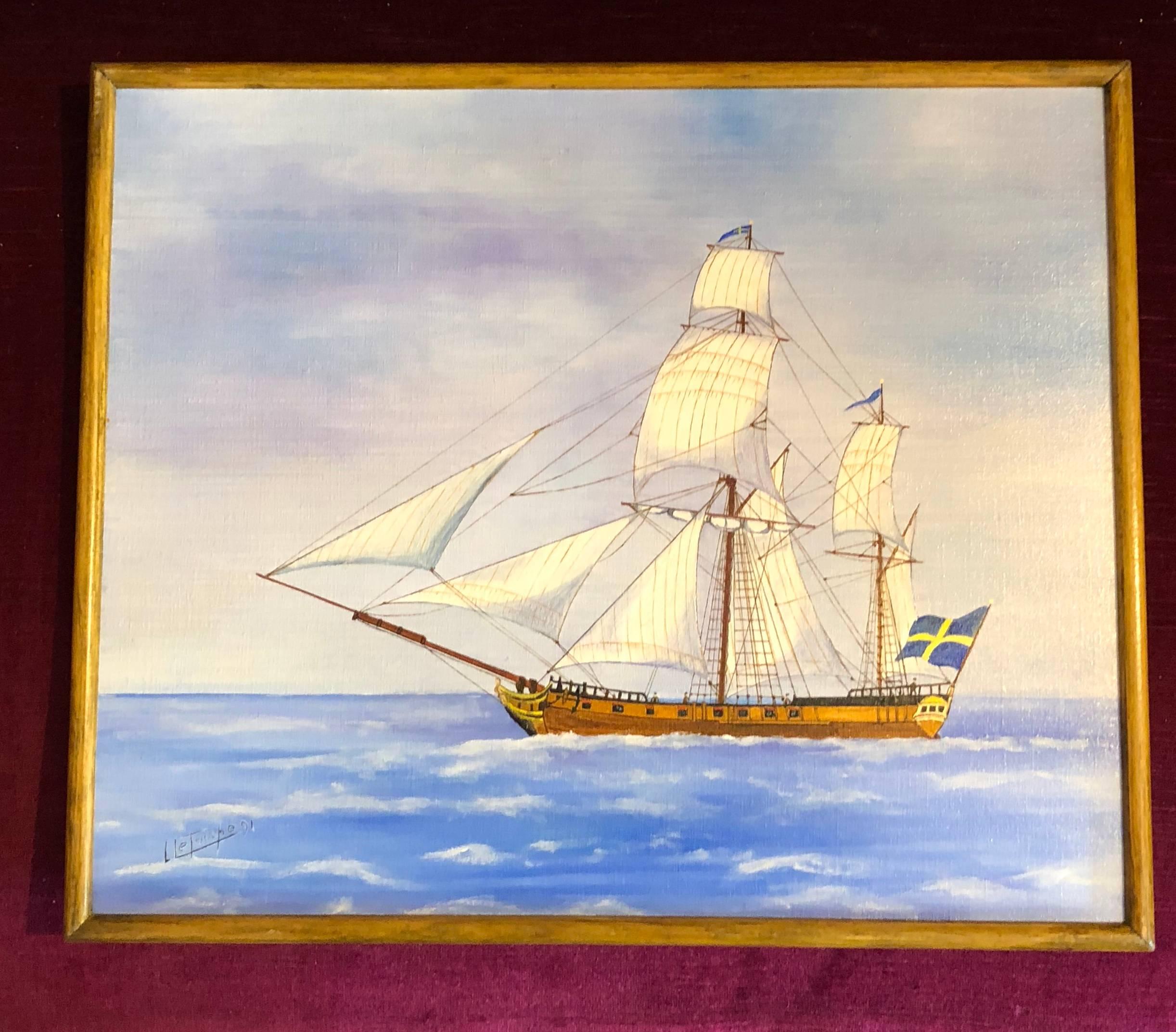 Ketch, Swedish Ship, signed oil painting - Painting by Louis Letouche