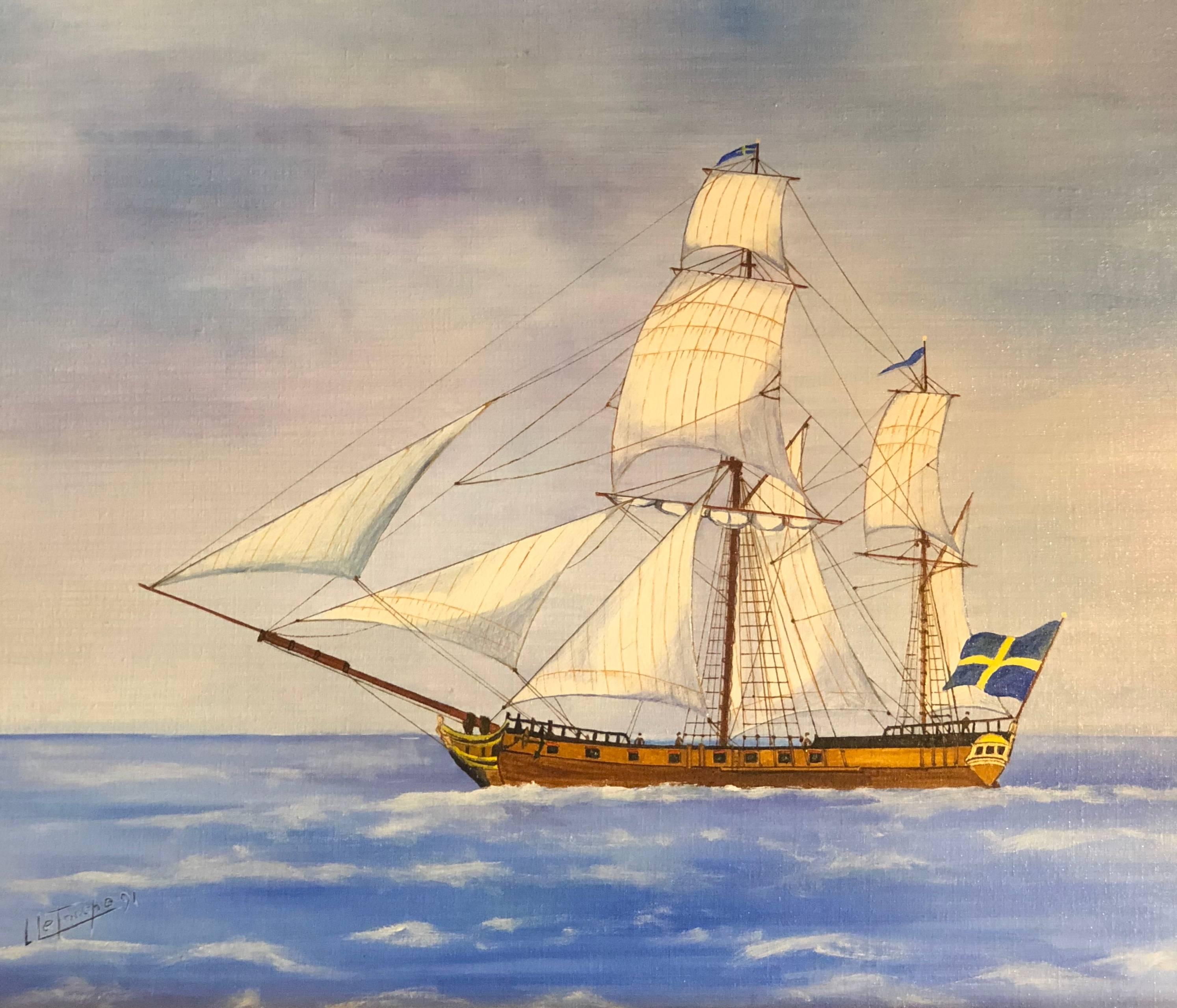 Louis Letouche Landscape Painting - Ketch, Swedish Ship, signed oil painting