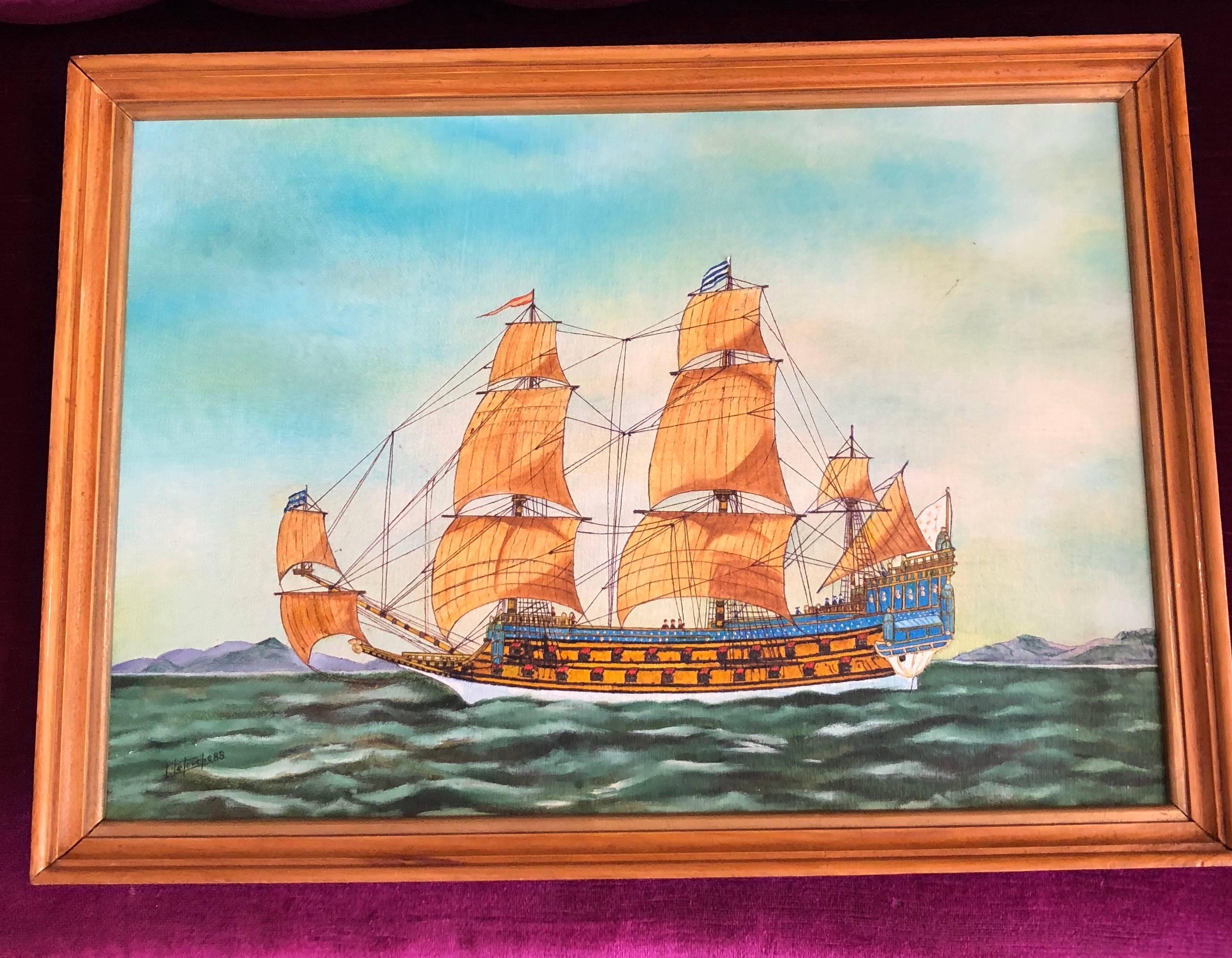 La Couronne Ship, signed oil painting - Painting by Louis Letouche