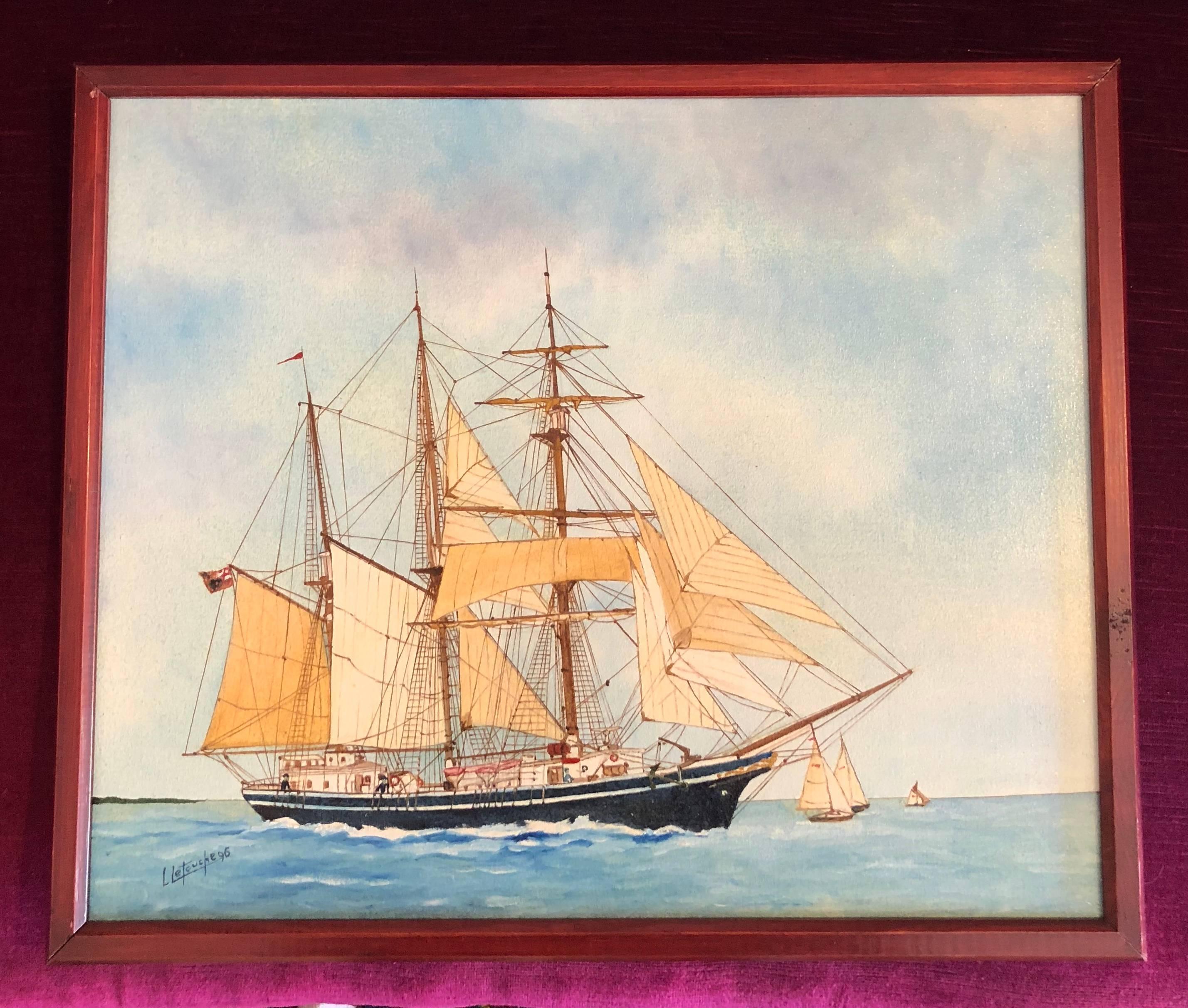 Peinture à l'huile Regina Maris Ship, signée - Painting de Louis Letouche
