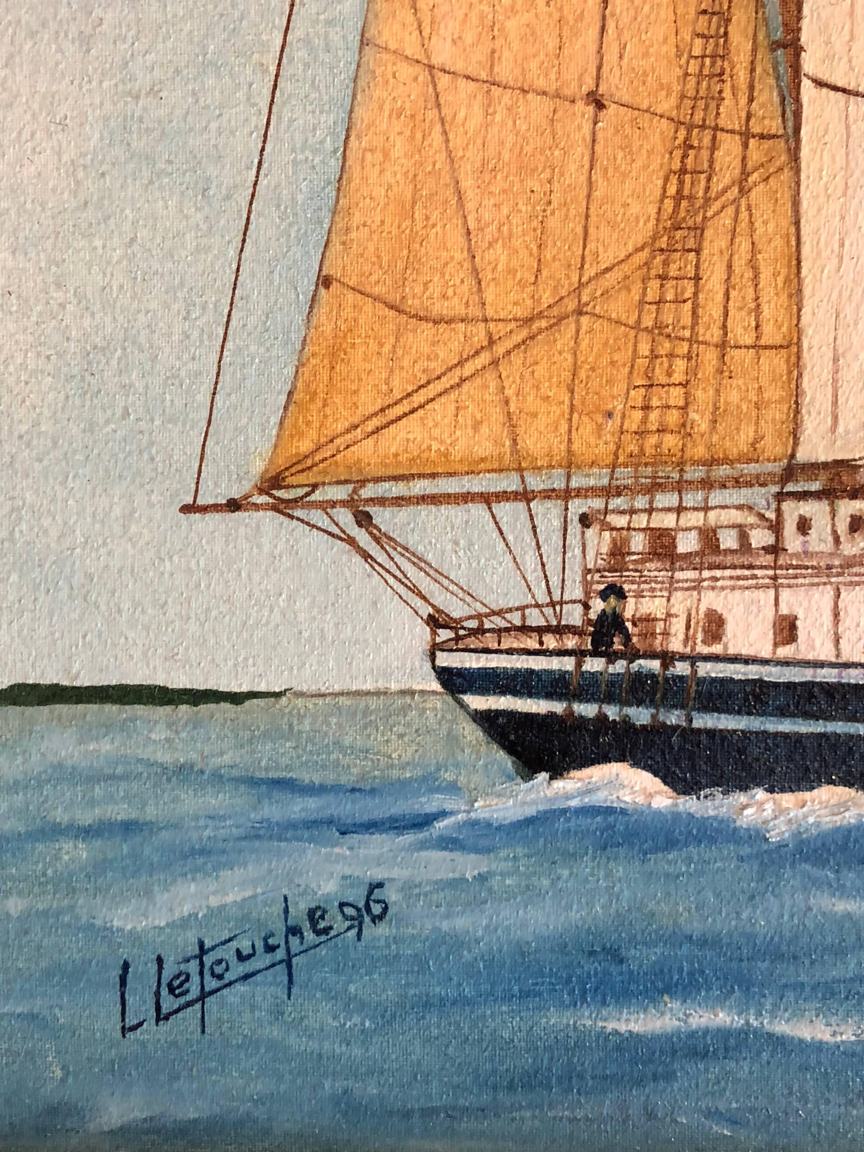 Peinture à l'huile Regina Maris Ship, signée - Réalisme Painting par Louis Letouche