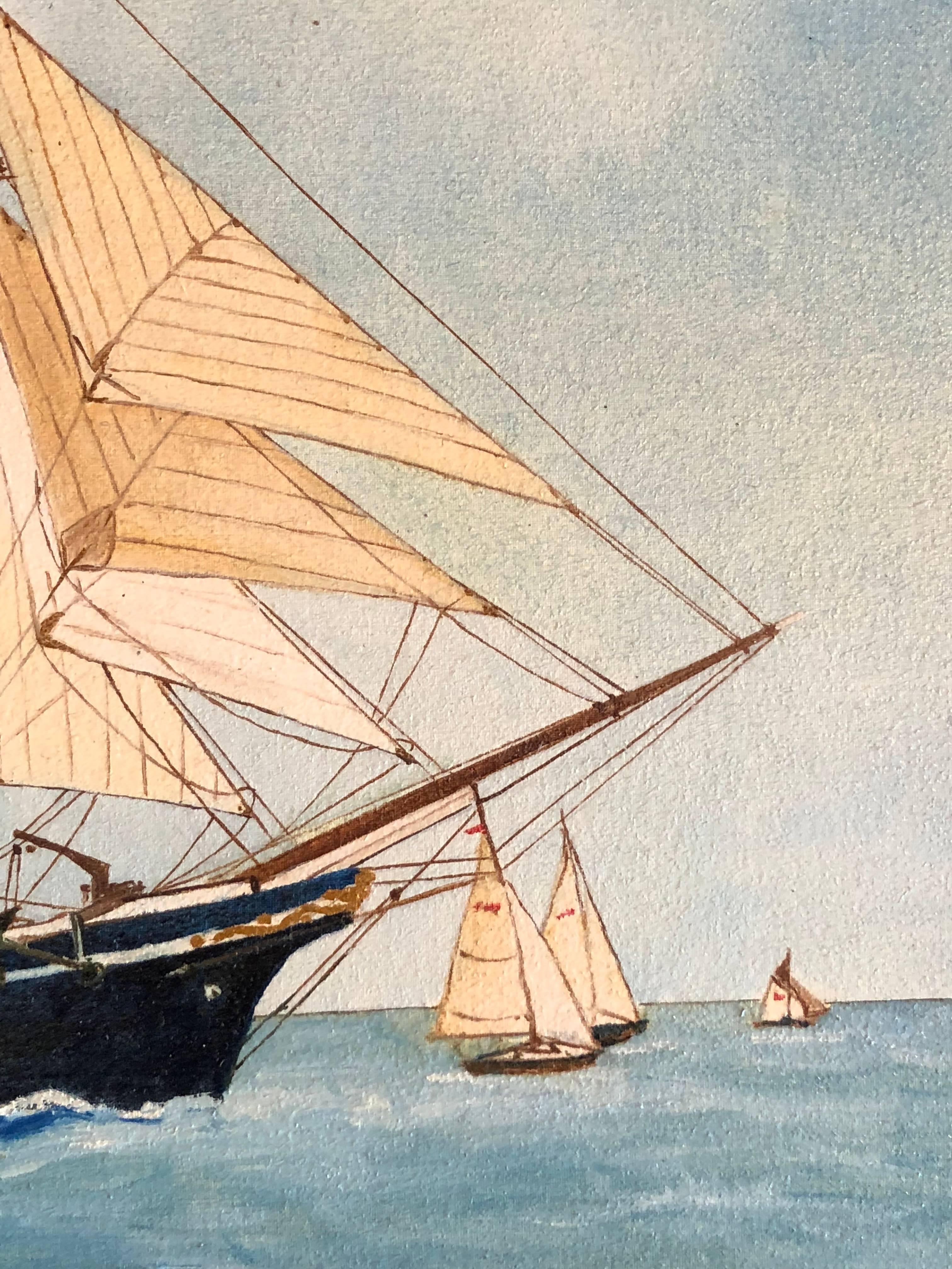 Peinture à l'huile Regina Maris Ship, signée - Beige Portrait Painting par Louis Letouche