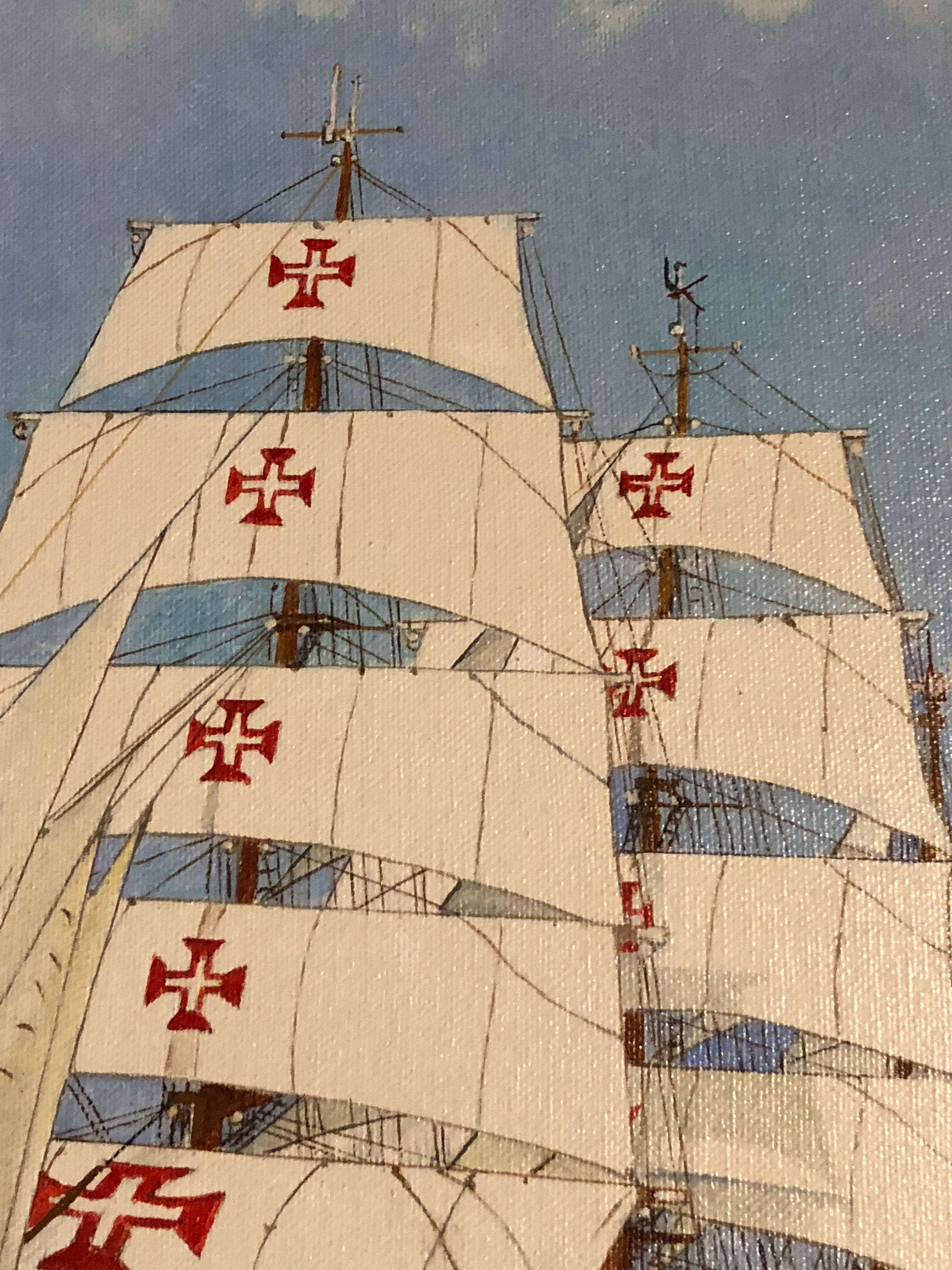 Sagres II Schiffsporträt des 20. Jahrhunderts, signiertes Ölgemälde (Braun), Landscape Painting, von Louis Letouche