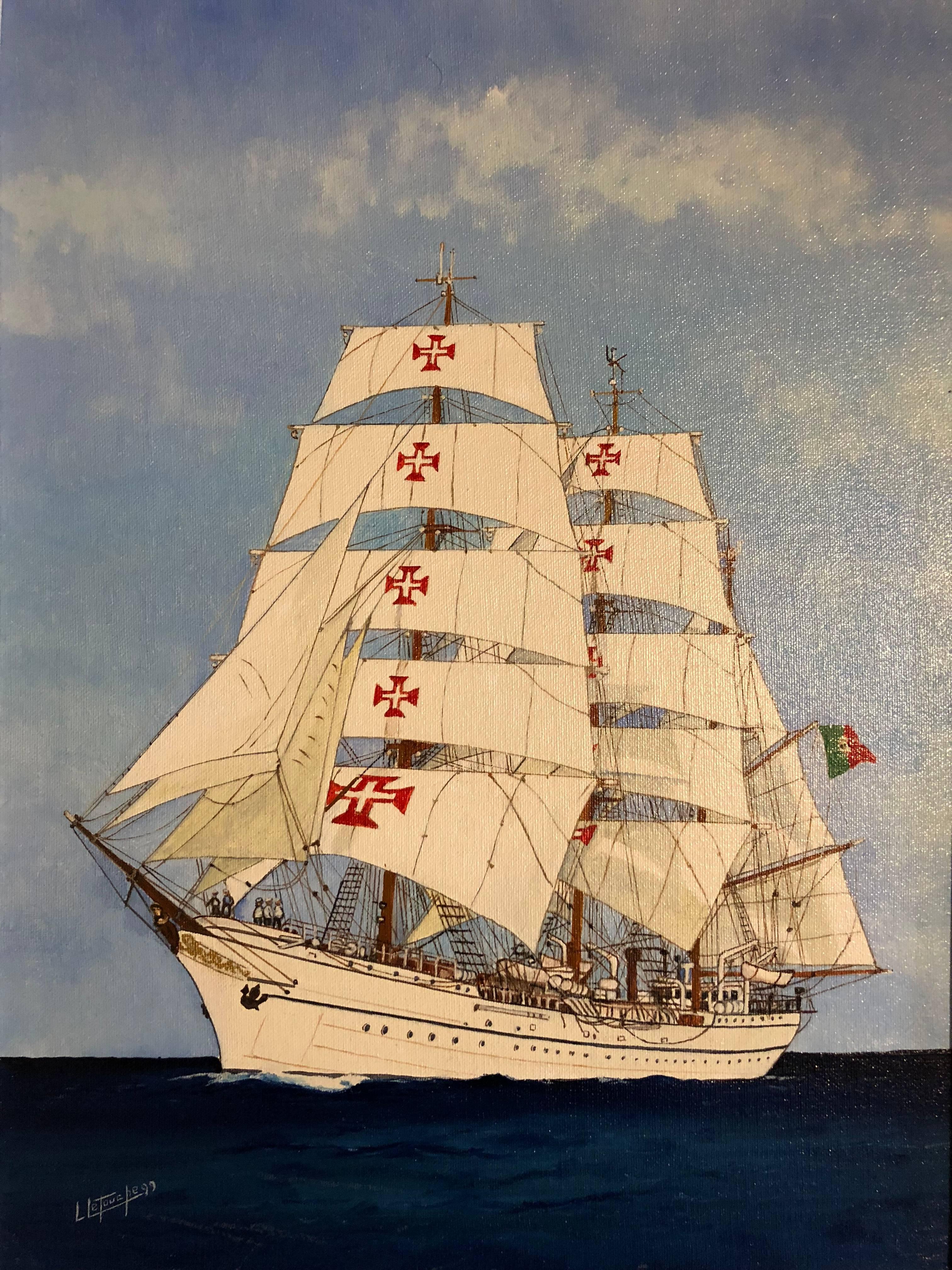 Landscape Painting di Louis Letouche - Sagres II Ritratto di nave 20° secolo, dipinto a olio firmato