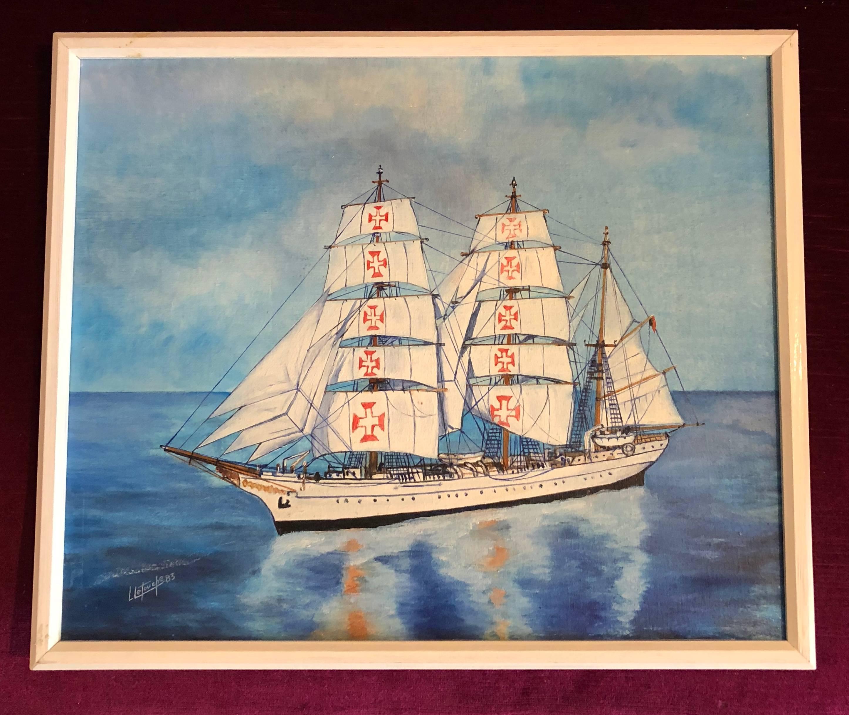 Ritratto di nave di Sagres dipinto a olio firmato - Painting di Louis Letouche