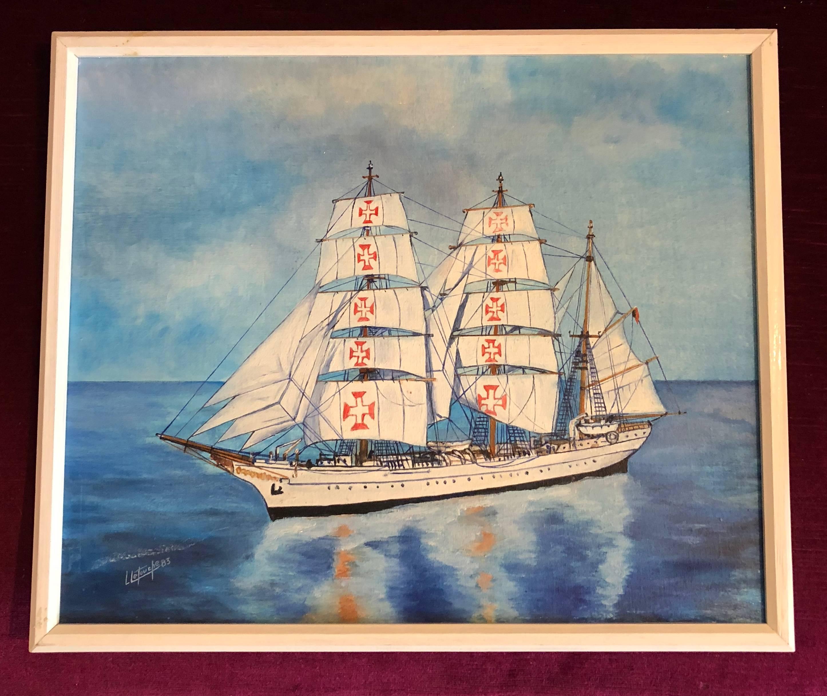 Sagres Ship Portrait signed oil painting - Painting by Louis Letouche