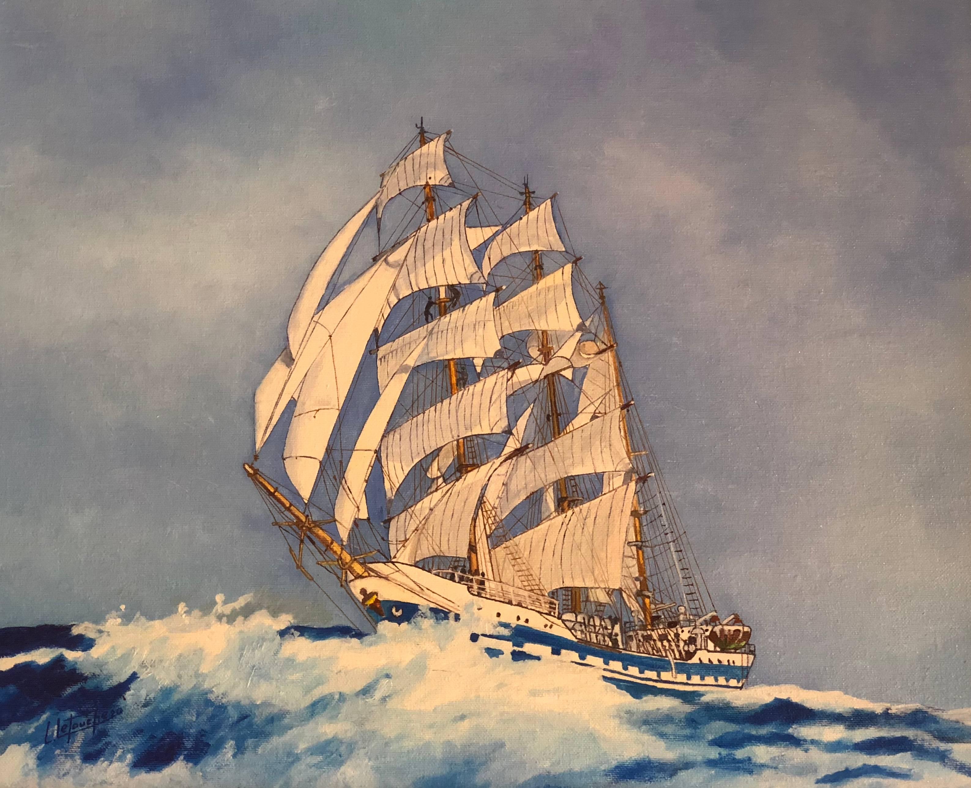 Simón Bolívar ship portrait, signed oil painting