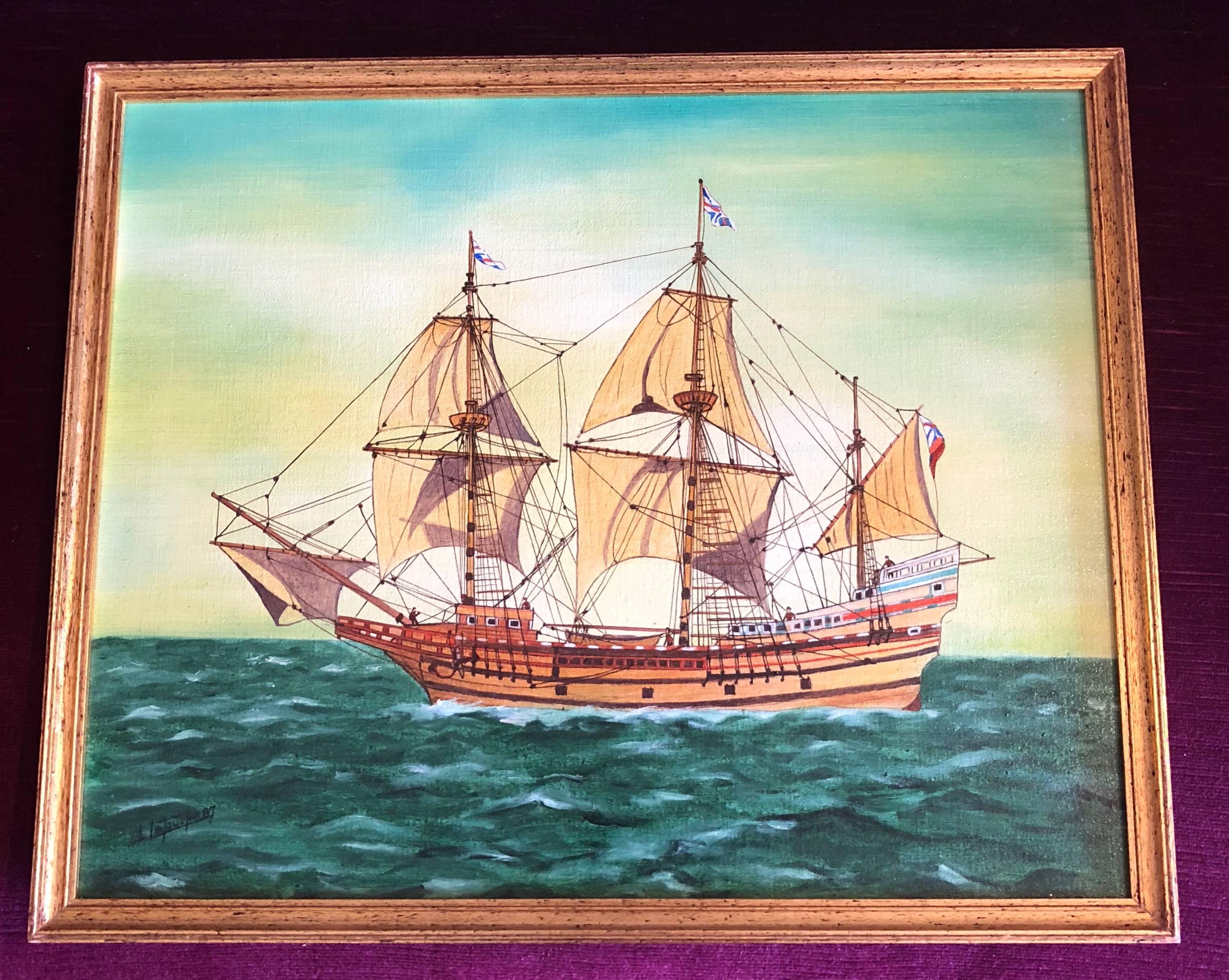 The Mayflower, signed oil painting - Painting by Louis Letouche