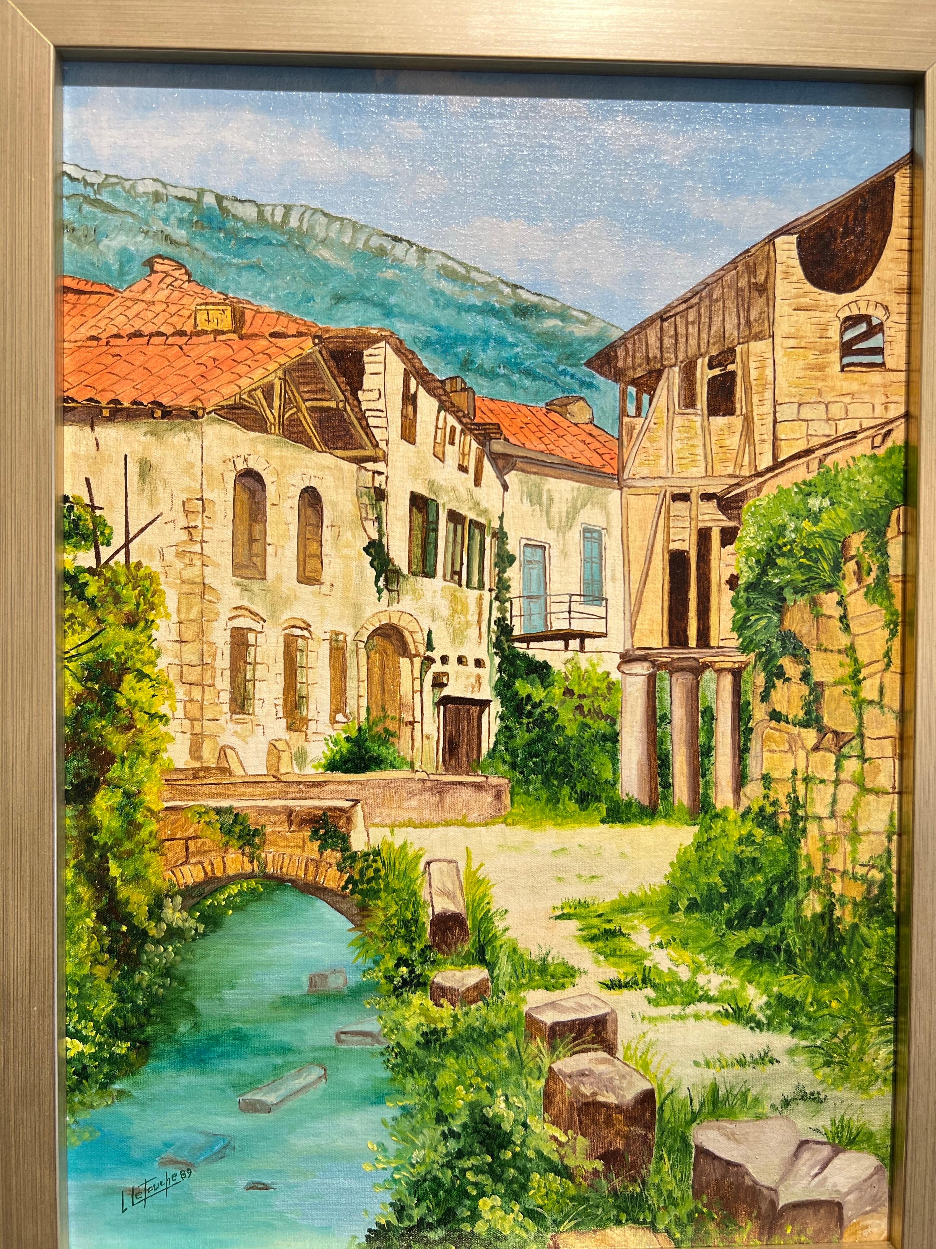 Peinture à l'huile de village français, Saint Antonin Noble - Painting de Louis Letouche