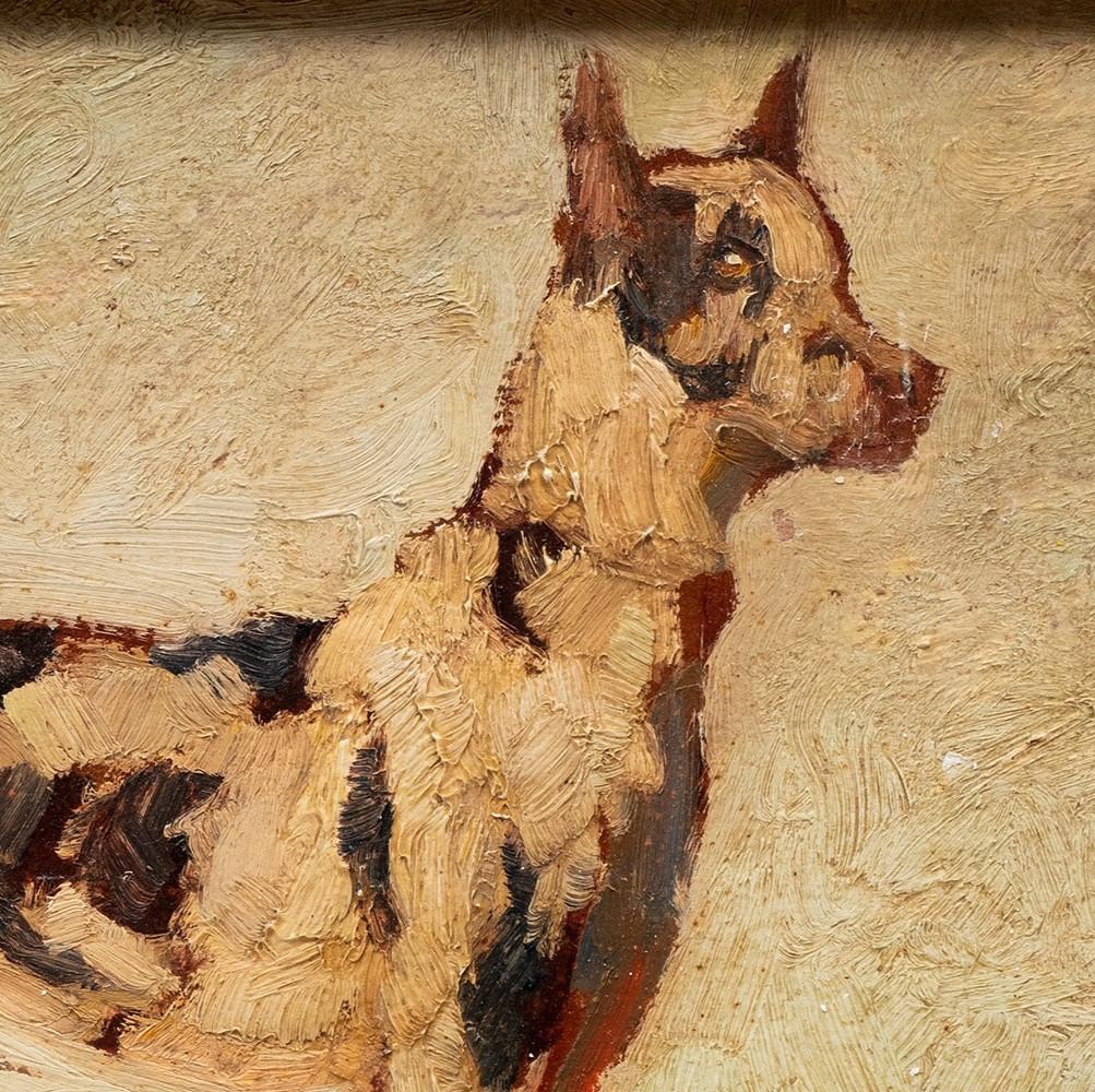 Portrait d'un dogue allemand 
Jules Chardigny  (1842-1892)
Circa 1870
Huile sur carton 
Signé en haut à gauche
9 1/2 x 12 3/4 (17 1/2 x 20 1/2 cadre) pouces

Jules Chardigny est né à Londres en 1842. Fils et élève du sculpteur Pierre-Joseph
