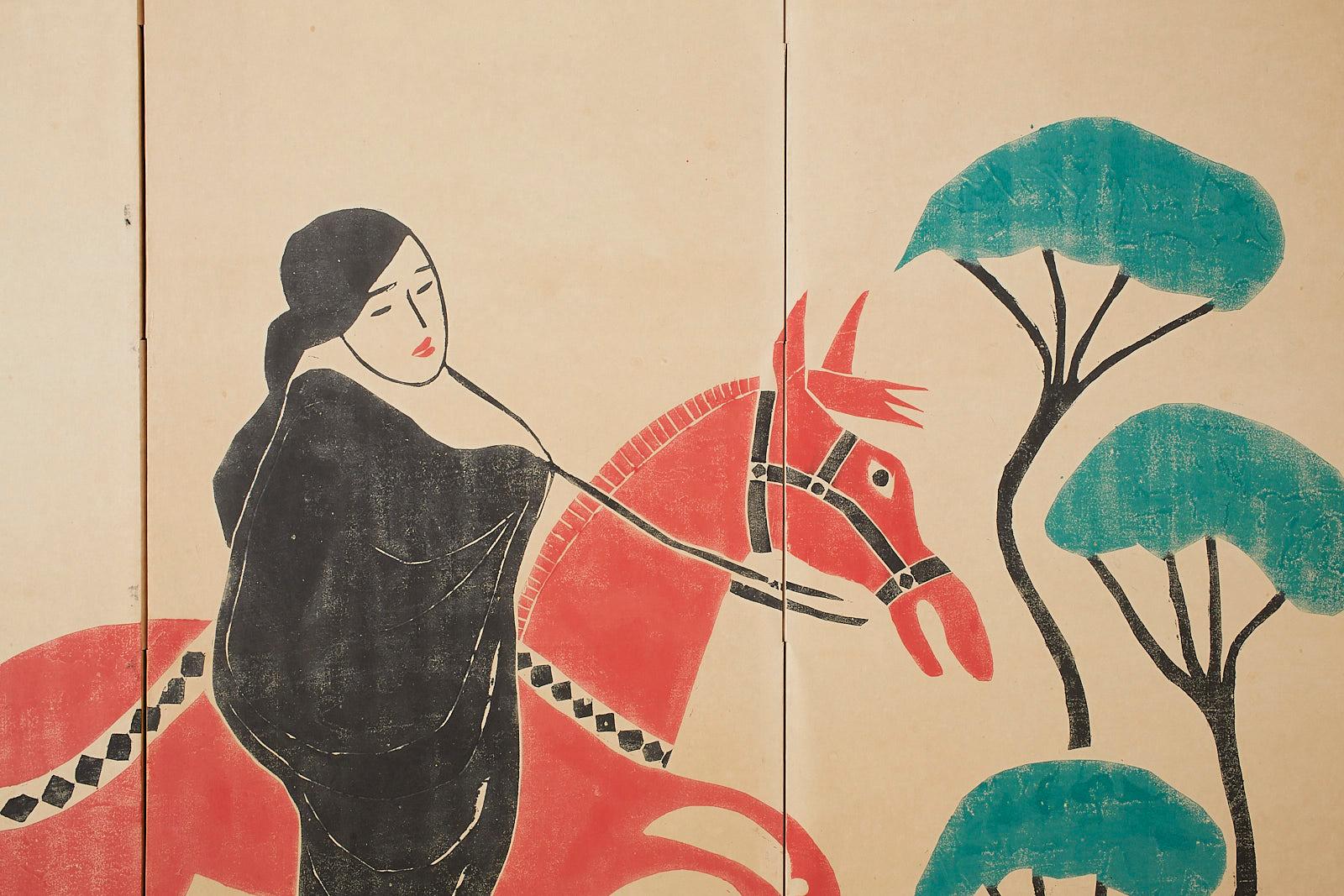 Louis Liang Chinese Six-Panel Woodblock Horse Screen 1
