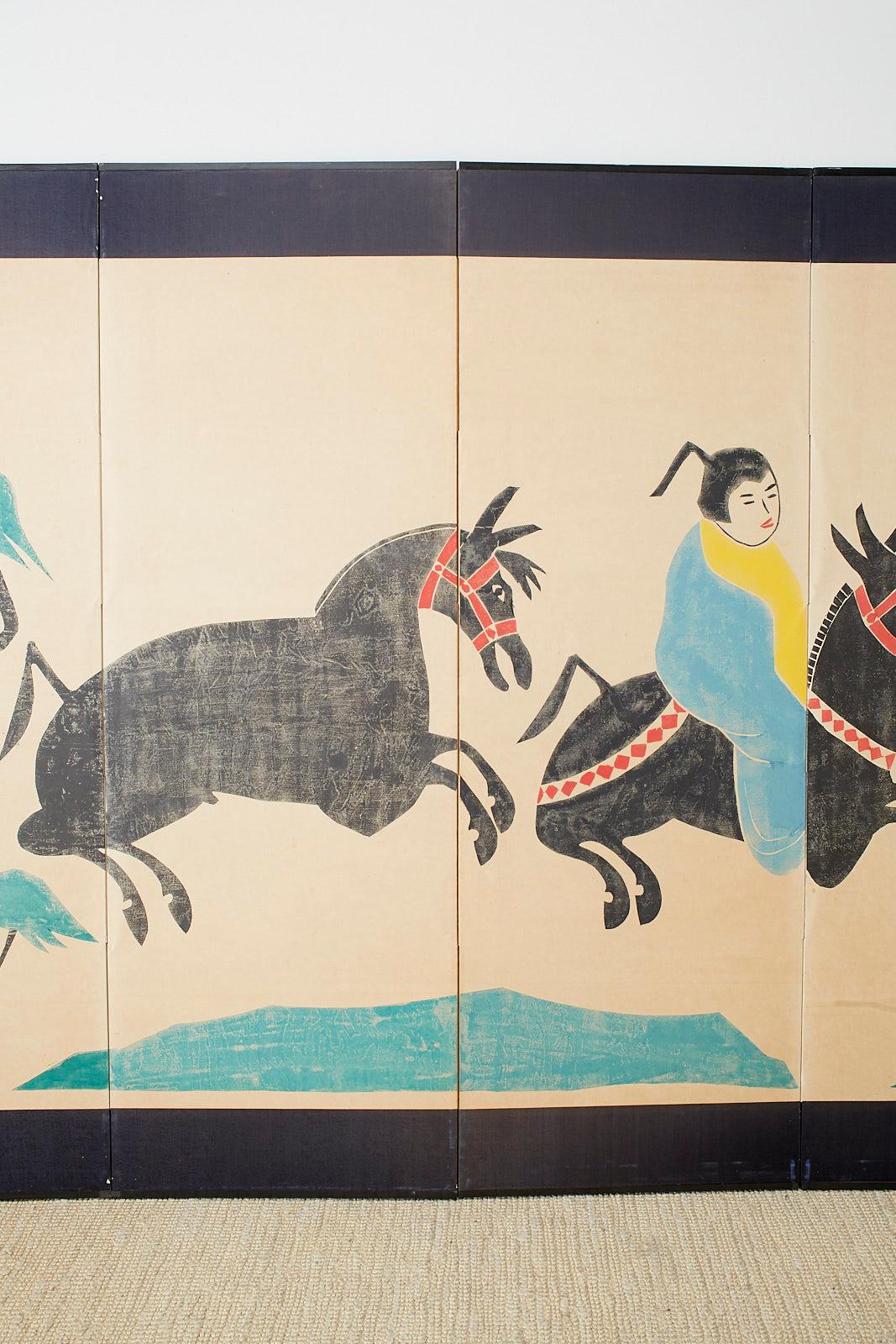 Modern Louis Liang Chinese Six-Panel Woodblock Horse Screen