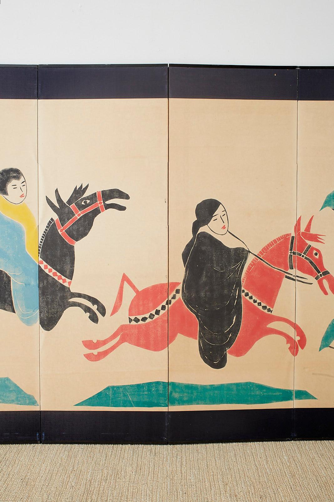 Lacquered Louis Liang Chinese Six-Panel Woodblock Horse Screen
