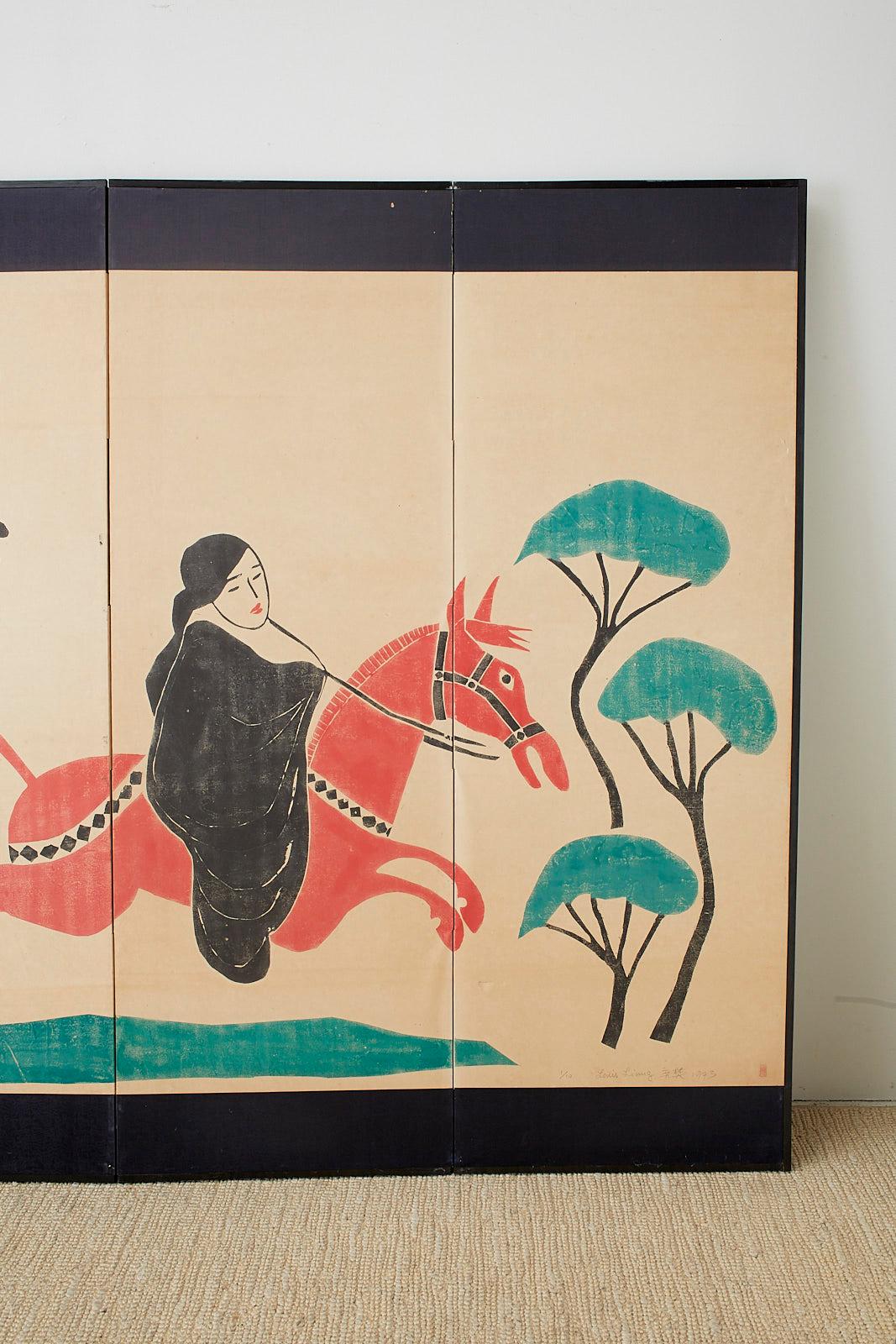 20th Century Louis Liang Chinese Six-Panel Woodblock Horse Screen