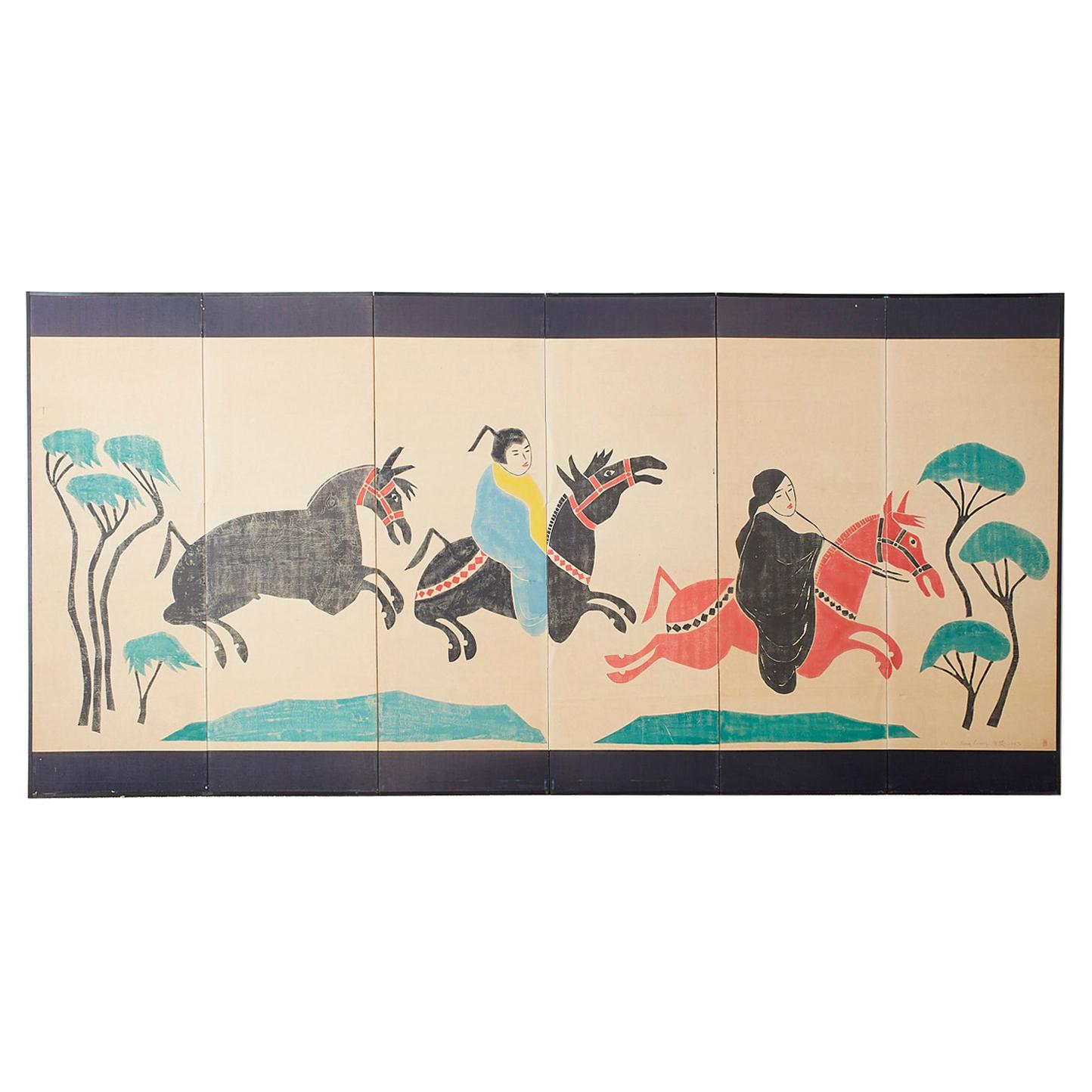 Louis Liang Chinese Six-Panel Woodblock Horse Screen