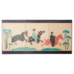 Vintage Louis Liang Chinese Six-Panel Woodblock Horse Screen