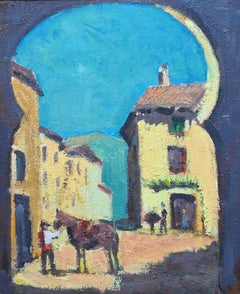 Olio su tela francese della metà del secolo scorso. Arco di Zocodover a Toledo, Spagna.