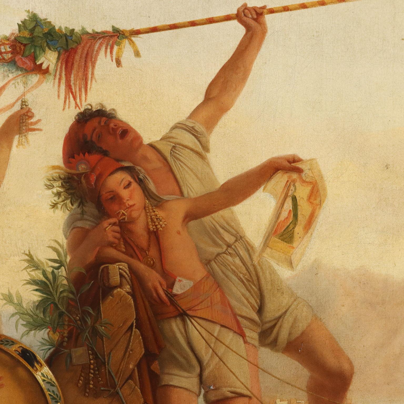 Huile sur toile.
Il s'agit d'une copie d'un célèbre tableau du peintre Louis Léopold Robert (1794 -1835), exposé au Salon de Paris en 1827 et acheté par le roi Louis-Philippe ; il se trouve actuellement au musée du Louvre.
La peinture représente une