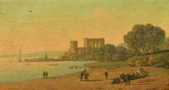 LOUIS LOTTIER (1815-1892) Óleo antiguo francés Comerciantes en la playa Edificio antiguo