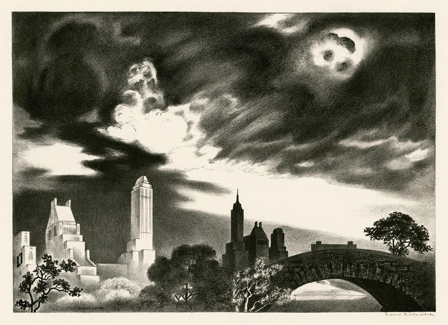 Louis Lozowick Landscape Print - Angry Skies (Andante Cantabile) — Central Park, New York City