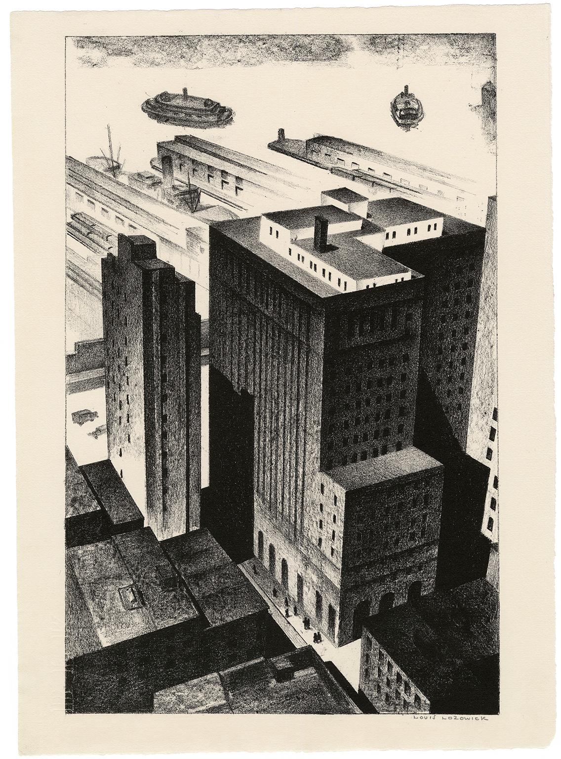 'Backyards of Broadway' — 1920s American Precisionism, New York City - Print by Louis Lozowick
