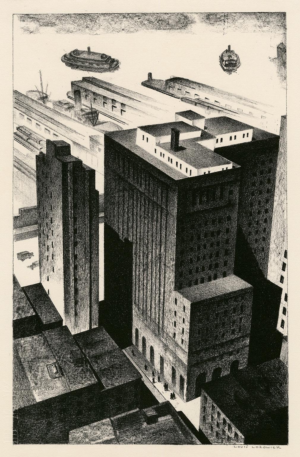 Landscape Print Louis Lozowick - Backyards of Broadway" - Précision américaine des années 1920, New York City