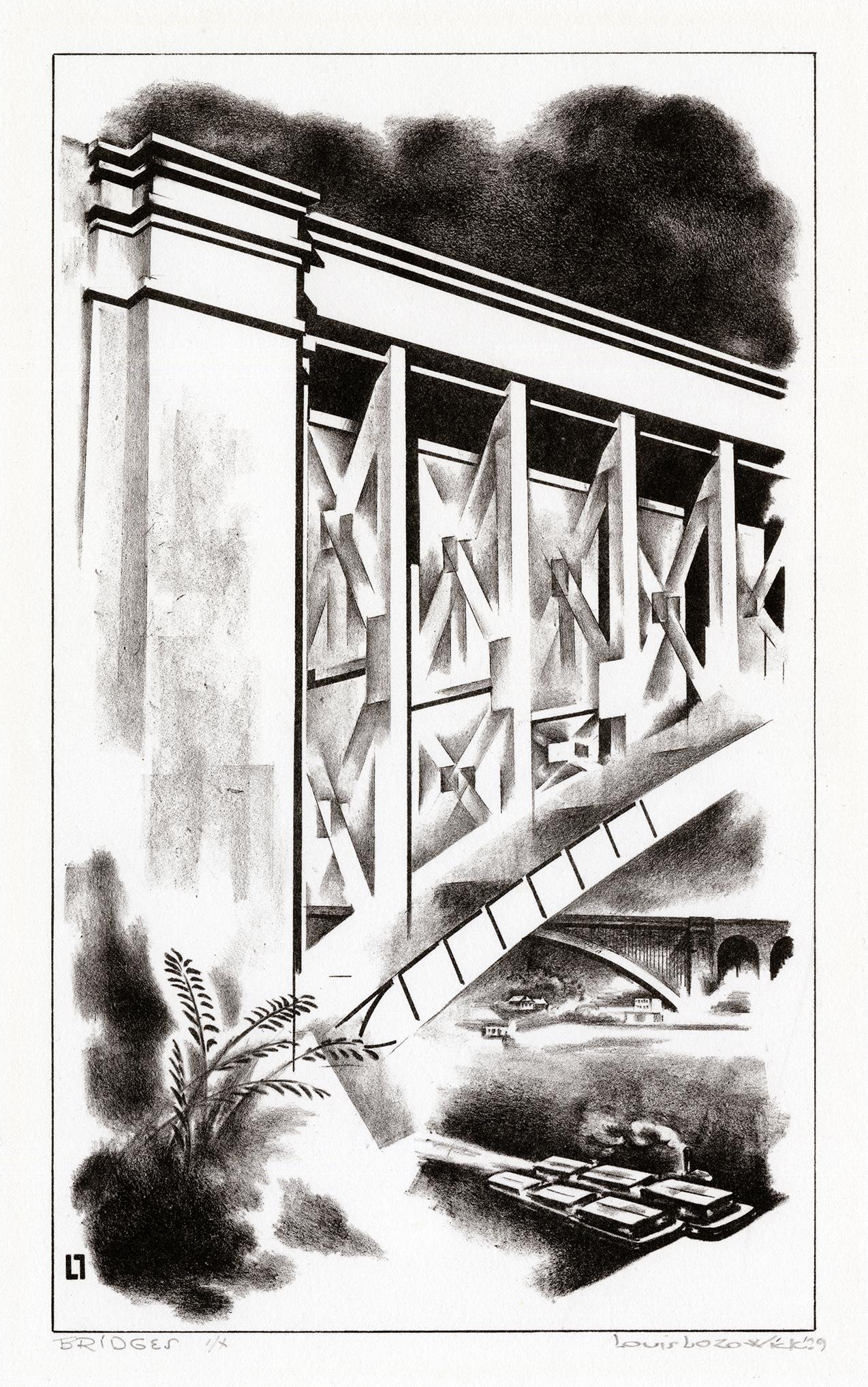 "Bridges" — Rara litografia firmata in stile precisionista