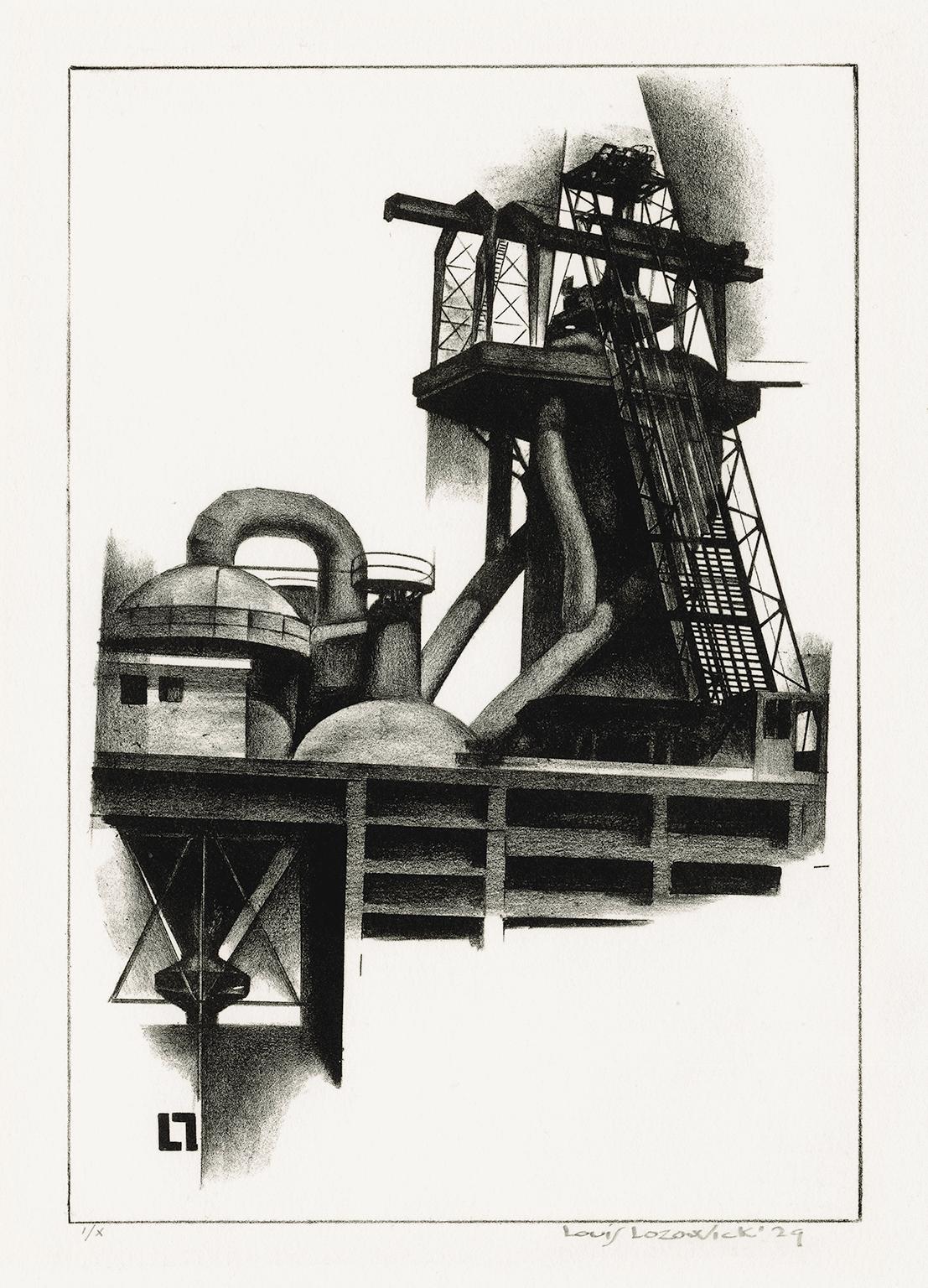 Louis Lozowick Figurative Print – Corner of Steel Plant" - Amerikanische Moderne der 1920er Jahre