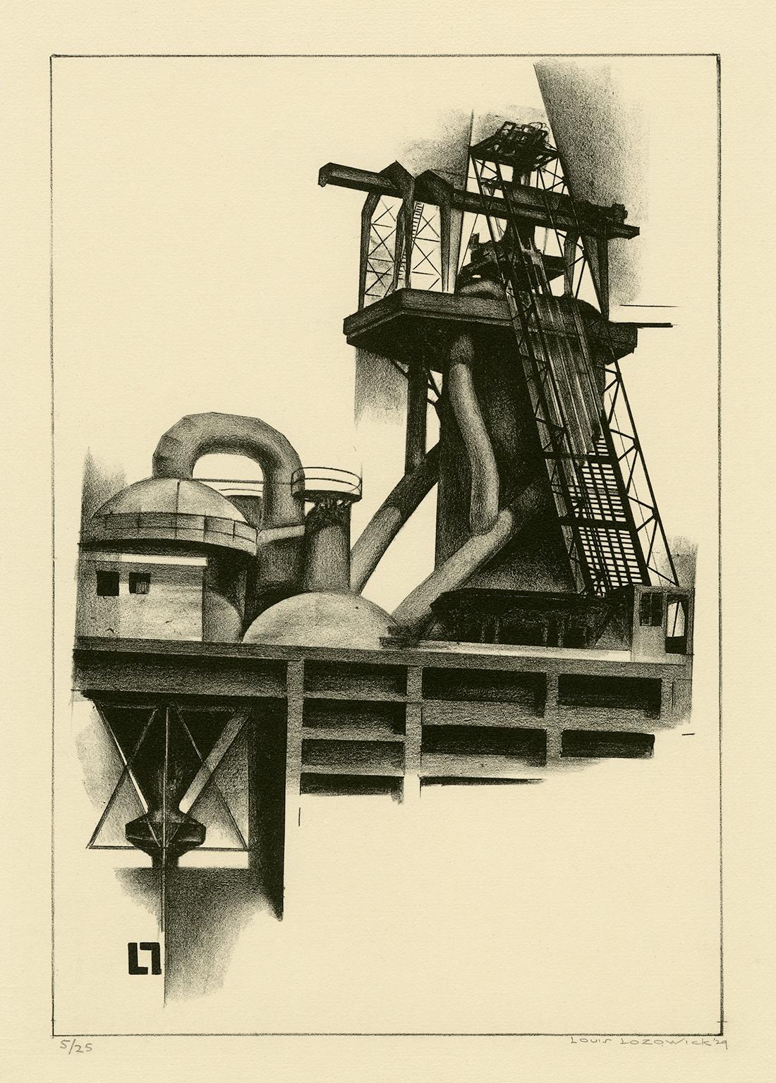 Louis Lozowick Figurative Print - Corner of Steel Plant
