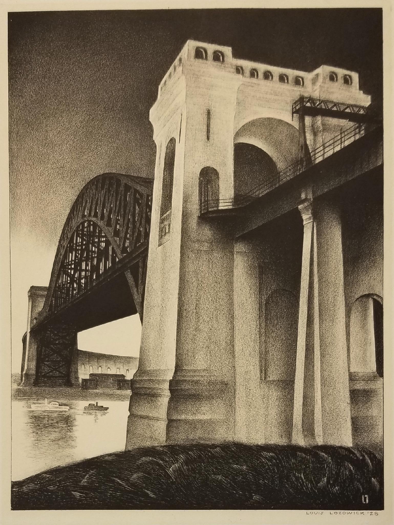 Louis Lozowick Landscape Print - Hell Gate Bridge