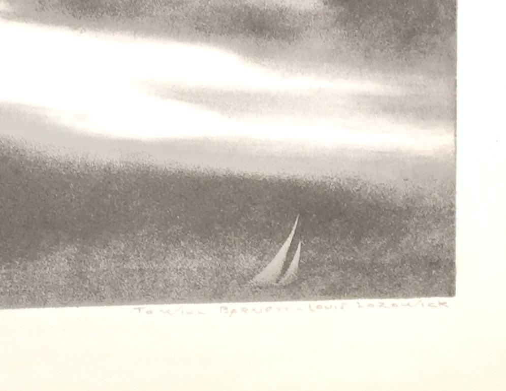 Lonely White Sail - Gray Landscape Print by Louis Lozowick