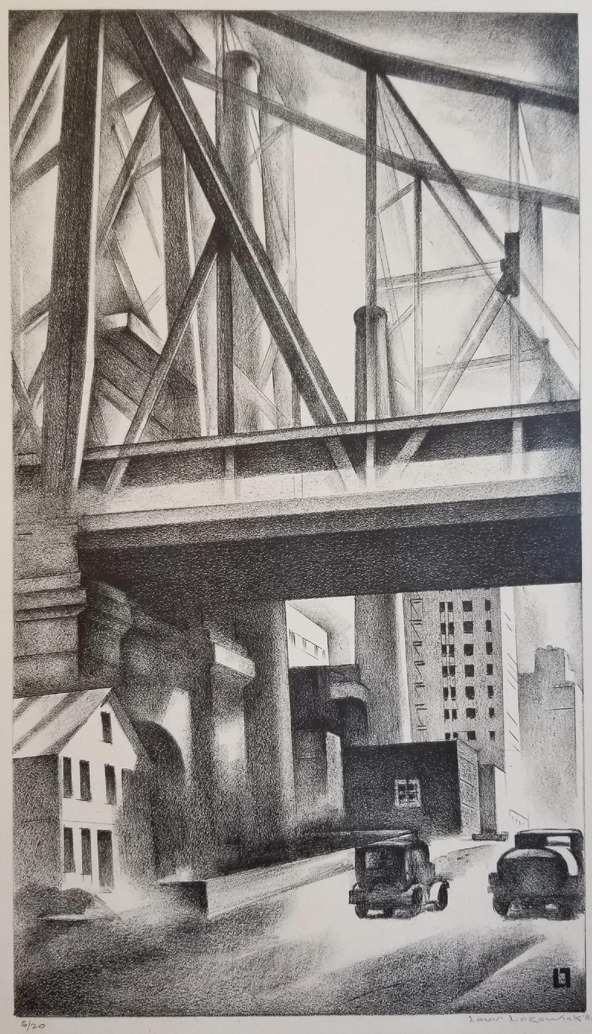 Louis Lozowick Landscape Print - Under the Bridge