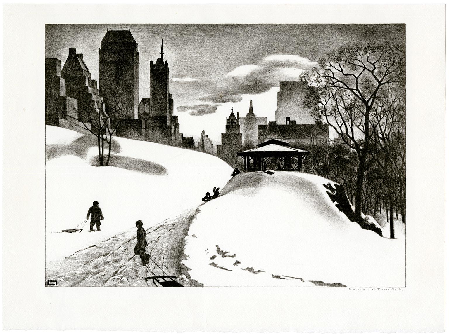 Winter Fun — Mid-century Modernism, Central Park, New York City - Print by Louis Lozowick